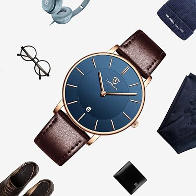 L LAVAREDO Watch for Men Leather Ultra-Thin Minimalist Analog Date Watch