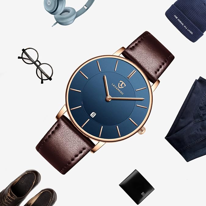 L LAVAREDO Watch for Men Leather Ultra-Thin Minimalist Analog Date Watch
