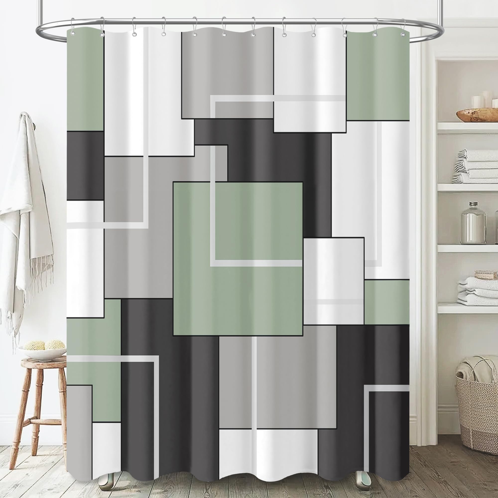 BTTN 78 Inches Long Shower Curtain, Tall Geometric Abstract Fabric Shower Curtain Set with Plastic Hooks, Large Modern Luxury Neutral Cloth Curtain