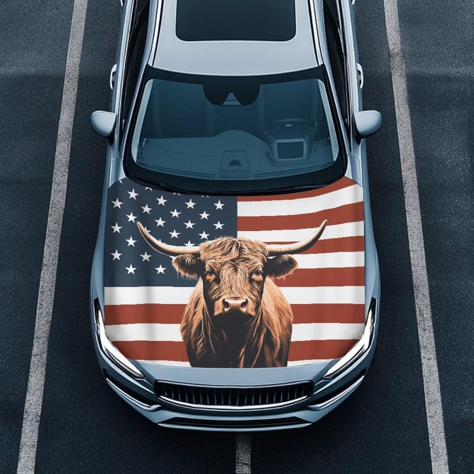 Highland Cow Car Hood Cover, Car Bonnet Banner,American Flag Car Hood Cover Protector from Cats, Elastic Polyester, Stretchable, Waterproof Automotive Hood Covers
