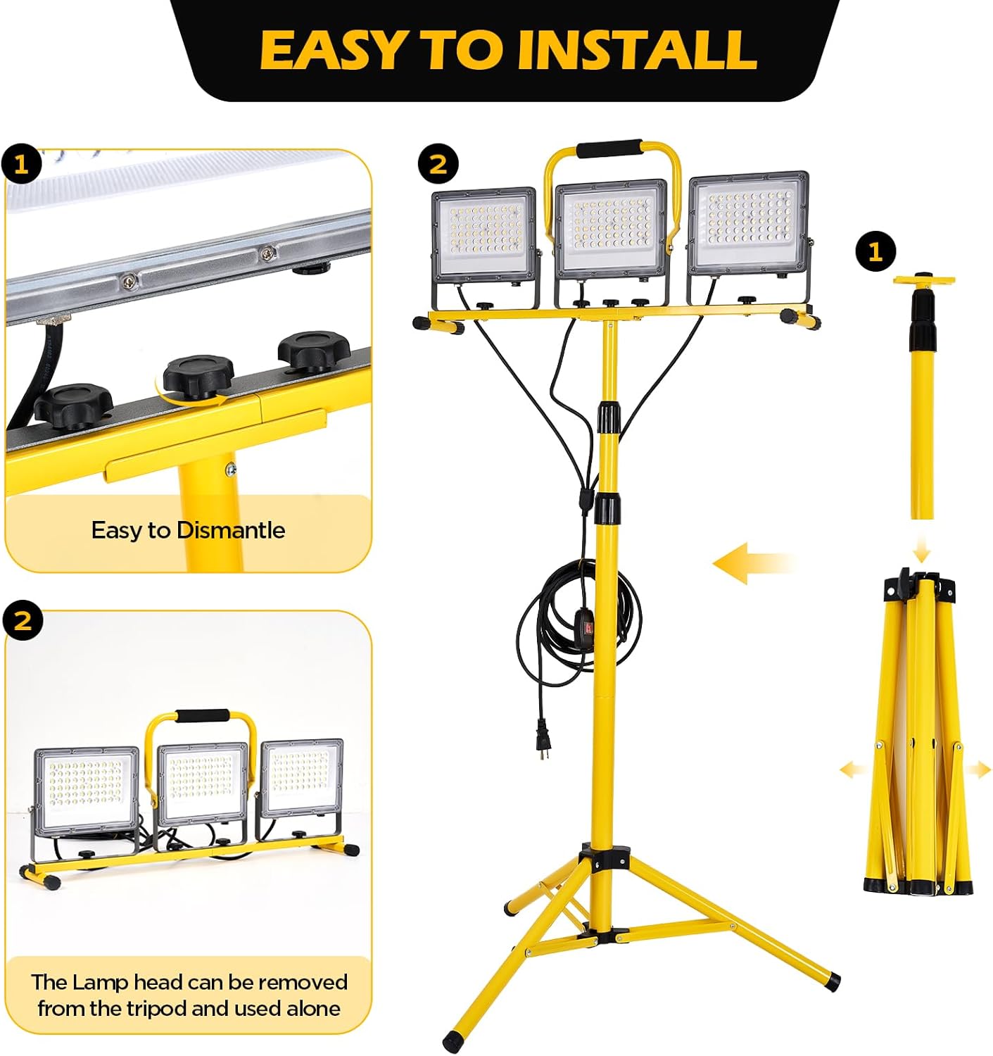 30000 Lumen LED Work Lights with Stand - 3 Adjustable Head Waterproof Foldable Tripod Light, 6500K Daylight (47-68" Height) & 18FT Cord - IP66 Rated for Construction Sites, Garage, Outdoor - Image 2