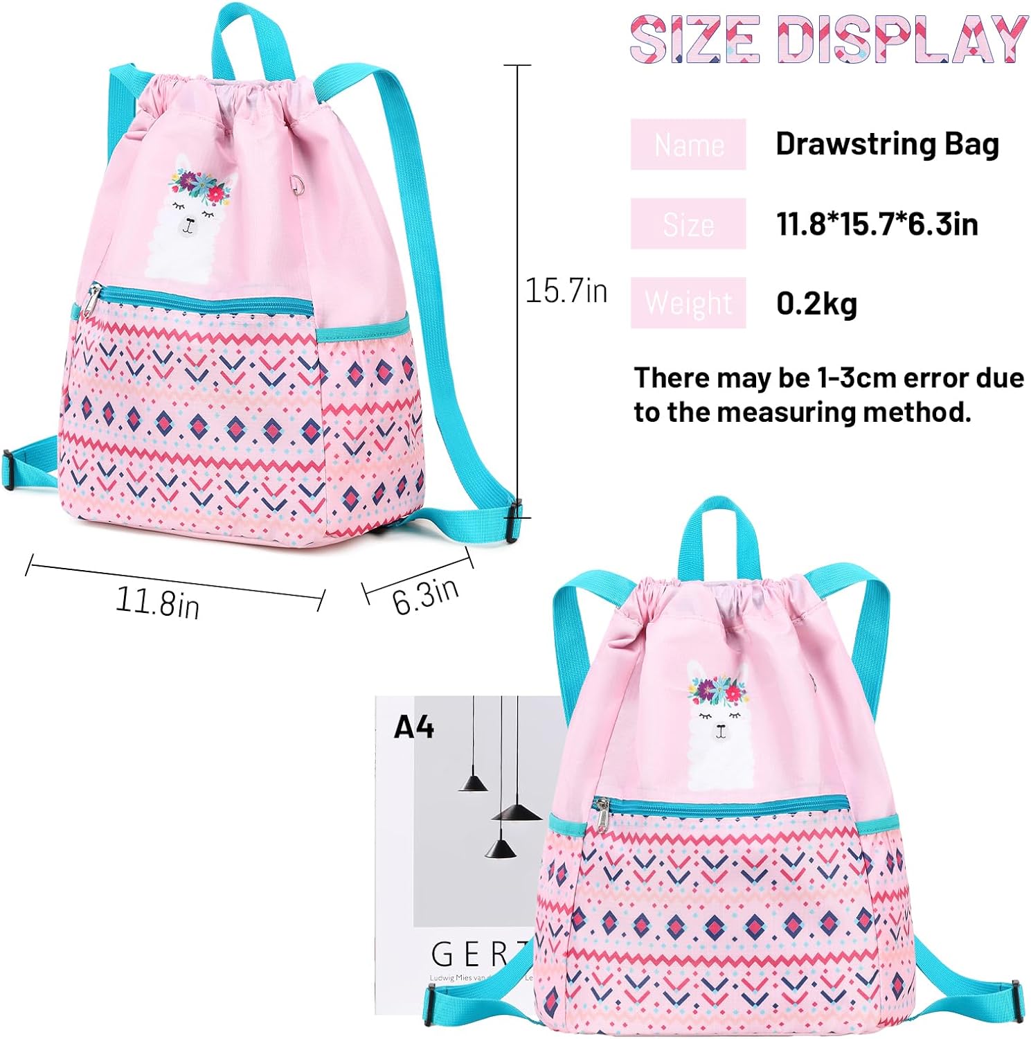 Drawstring Backpack Gym String Bag Drawstring Sackpack Sport Cinch Bag For Womens Girls Mens Alpaca Blue Pink image 3