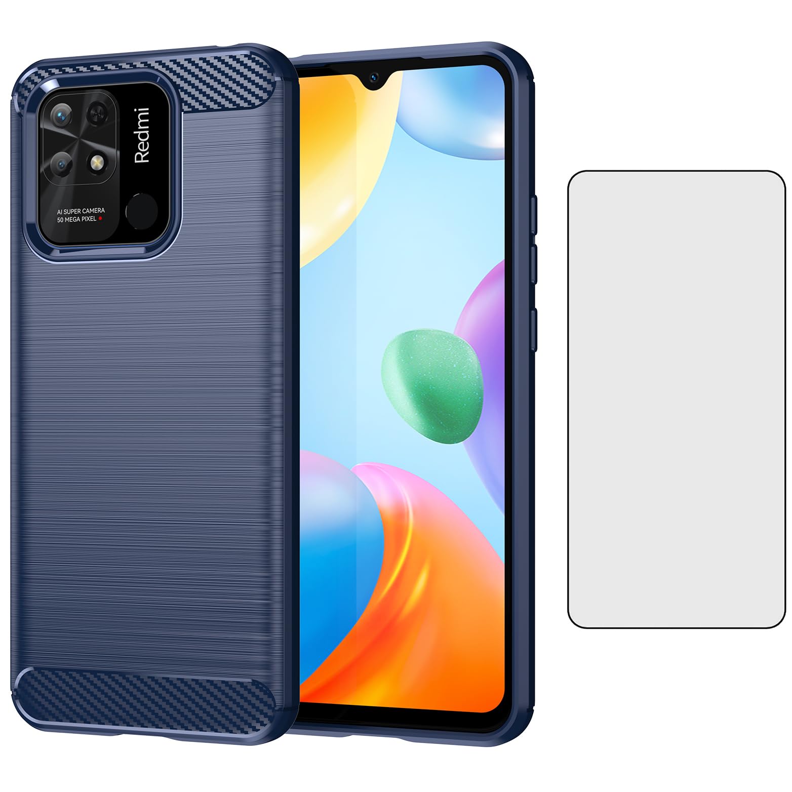 Asuwish Phone Case for Xiaomi Redmi 10C 4G/Poco C40 with Tempered Glass Screen Protector Cover and Cell Accessories Soft TPU Silicone Protective Redmi10C C10 10 C Women Men Carbon Fiber Navy Blue