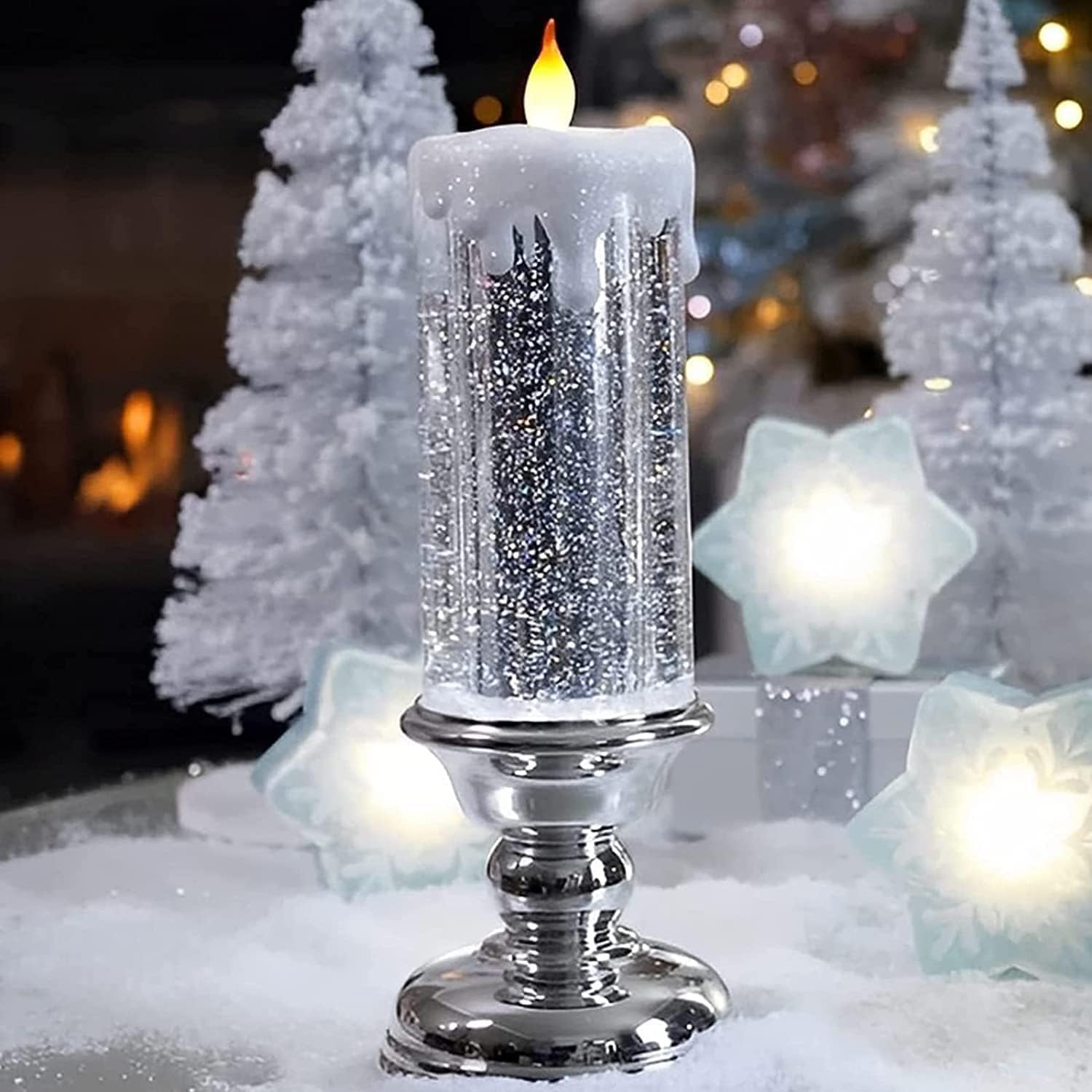KHIZAR Christmas Candles with Pedestal, 7 Color Changing USB Rechargeable or Battery Color Changing Waterproof Rotating Glitter Flameless Candles for Christmas Party Home Decor (Multicolor)-image-24