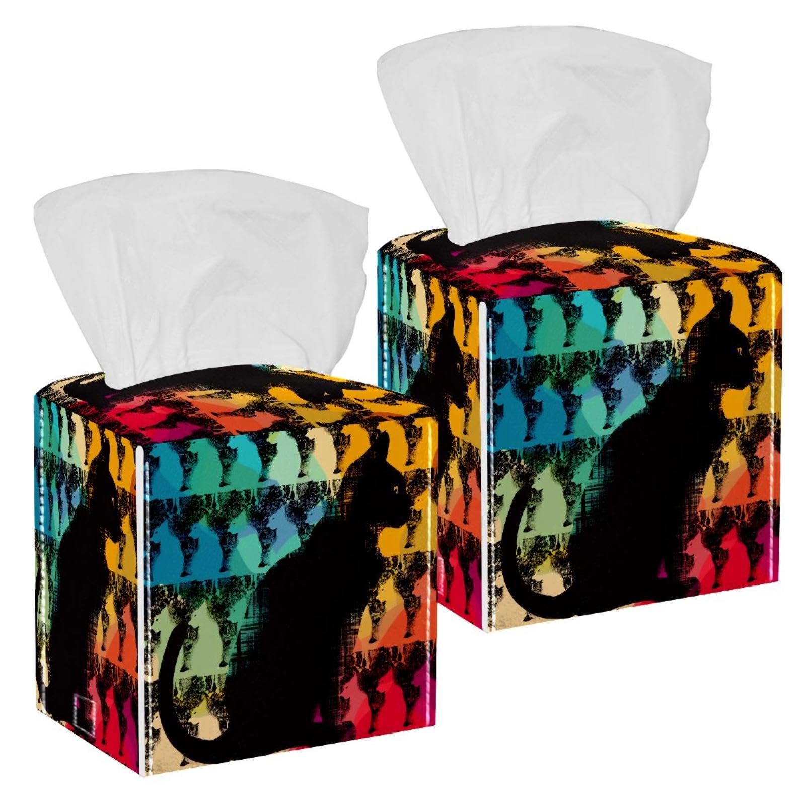 Cat Silhouette Tissue Box Cover, 2 Pack PU Leather Square Facial Tissue Dispenser Box holder for Home Office Car