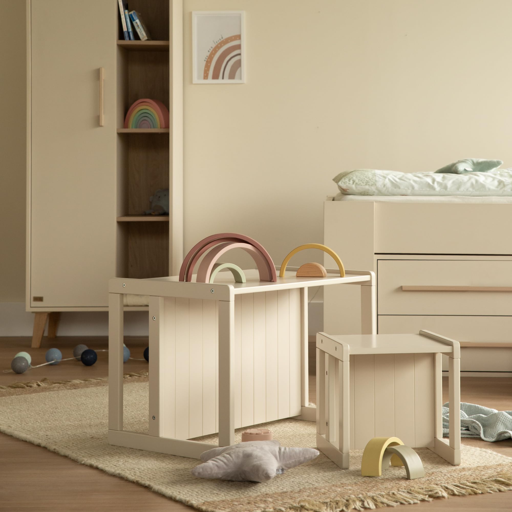 Sgabello per Bambini in Stile Country Reversibile 3 Altezze Seduta Legno Beige/Cashmere