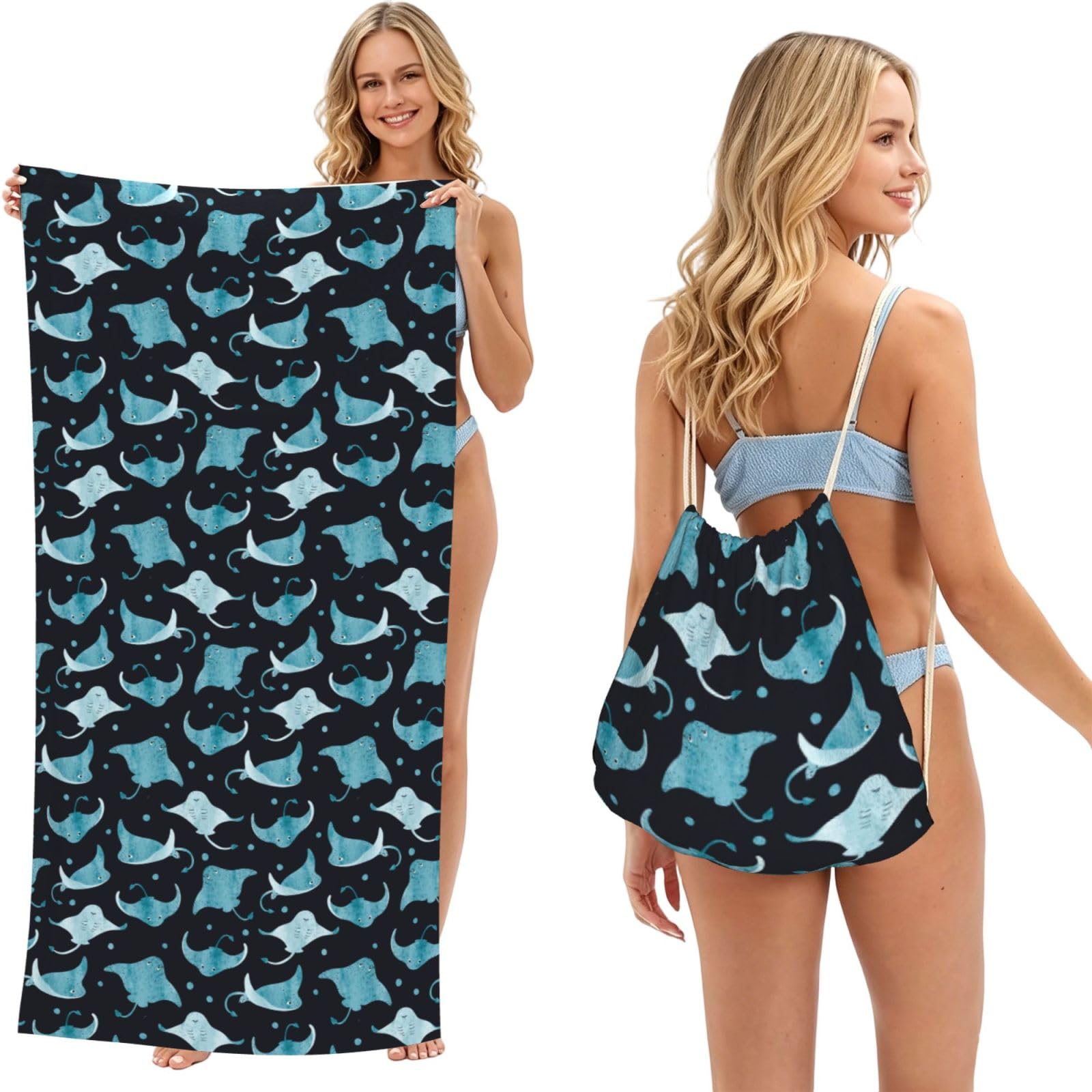 Poadnly Manta Ray And Fish, 2 in 1 Packable Towel Bag, Beach Towels with Drawstring Backpack for Travel Holiday Camping