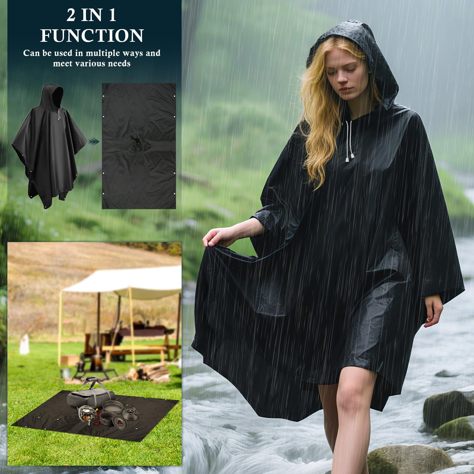 lohey EVA Regenponcho, Wasserdicht Regenmantel für Damen und Herren, Wiederverwendbar Regencape mit Kapuze für Camping, Angeln, Freizeitparks, Festivals