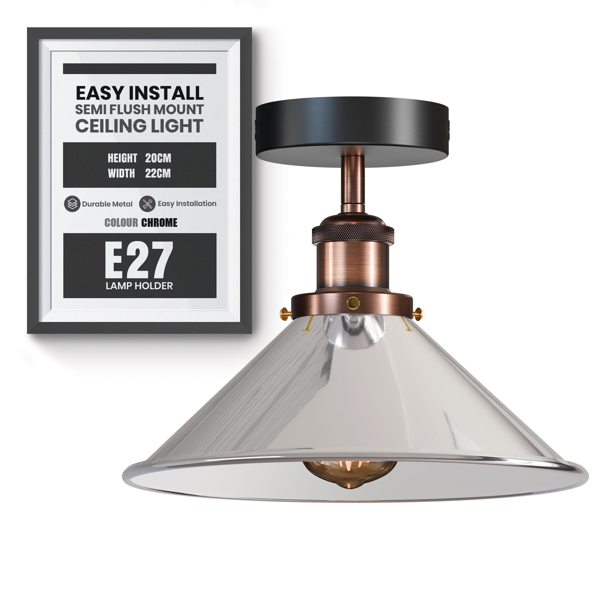 LEDSone Vintage Flush Mount Ceiling Light Fixture 22cm Cone Satin Nickel Lampshade Industrial Metal E27 Lamp Holder Ceiling Lighting for Bedroom Living Room Kitchen Without Bulb
