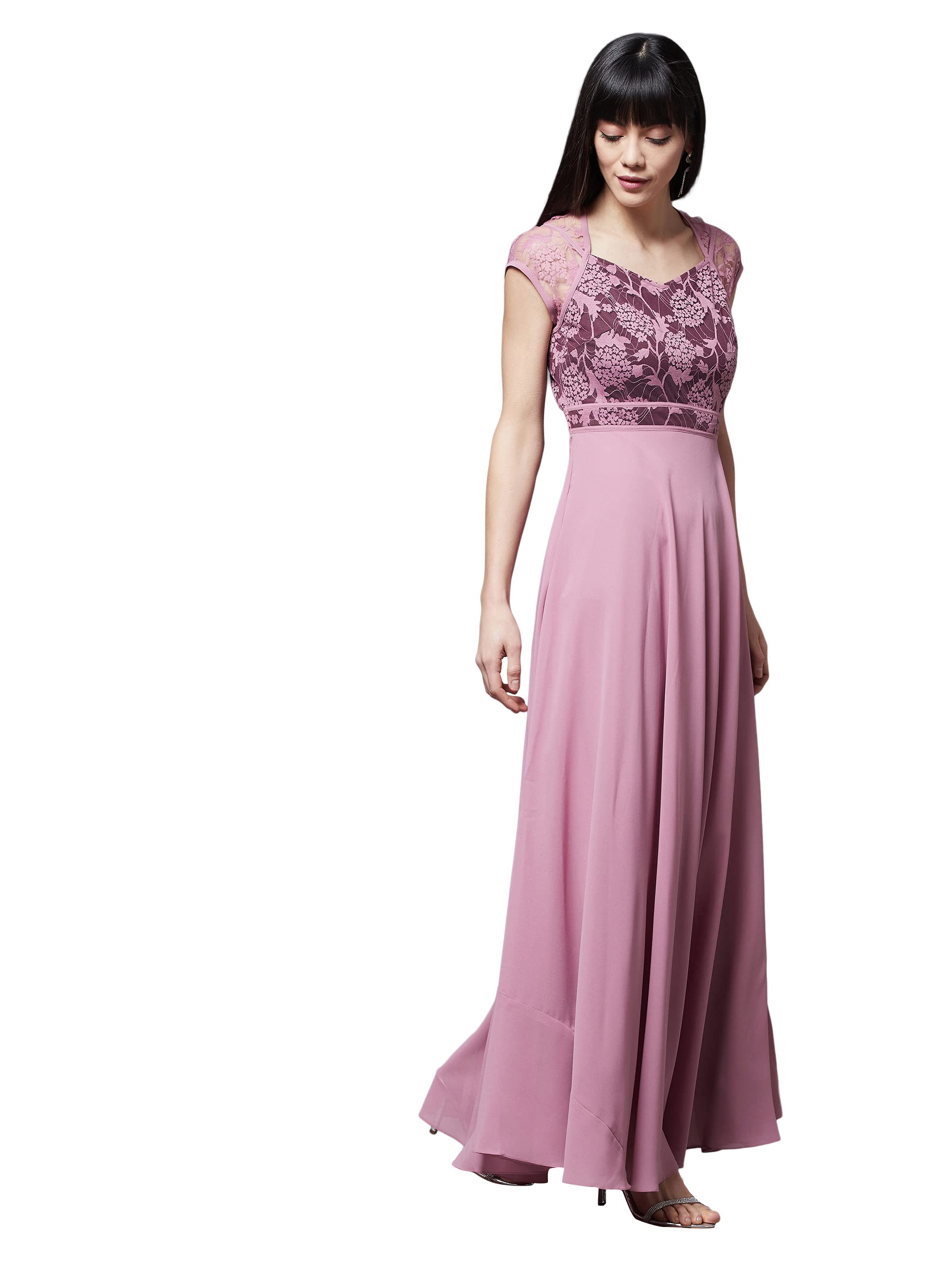 Miss Chase Women's Lavender & Wine V-Neck Cap Sleeves Floral Lace Fit & Flare Maxi Dress (Mcss21D06-11-249-06, Lavender & Wine, Xl)