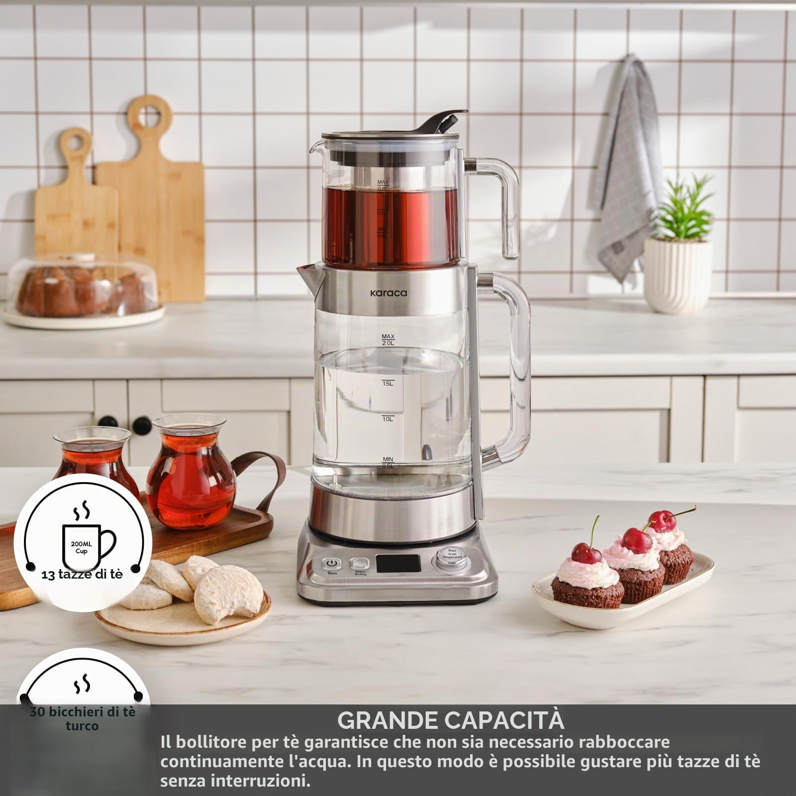 Karaca X Refika XL - Bollitore automatico per tè e caydanlik, 2 l, teiera in vetro da 0,8 l, multi-temperatura, modalità eco, 2200 W, macchina da tè per famiglia e ospiti, cromato