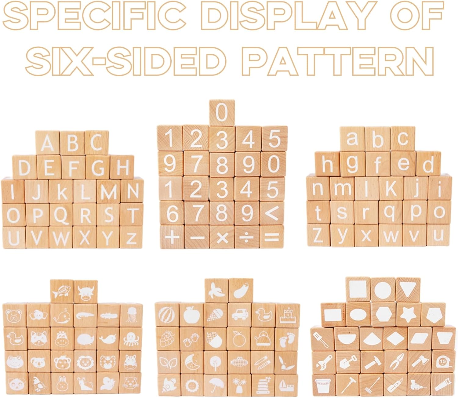 Peohud 26 PCS Wooden Alphabet Blocks, Cute ABC Building Blocks for Kids, Number Stacking Blocks, Preschool Educational Learning Toys with Shapes Objects on Every Side for Boys Girls