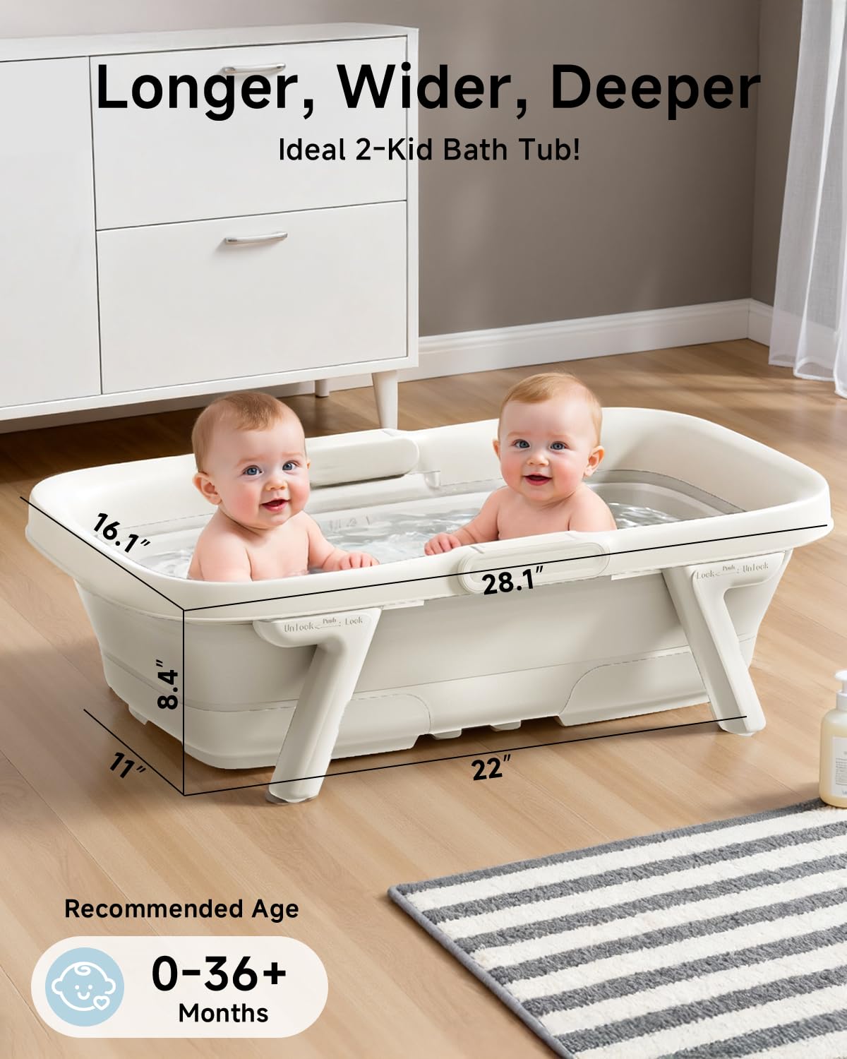 Collapsible Baby Bathtub, Large Infant Bath Tub with Thermometer & Cute Soft Cushion for Newborn to 36+ Month Toddlers, Storage and Non-Slip Feet Design, Baby Bath Gift (White)