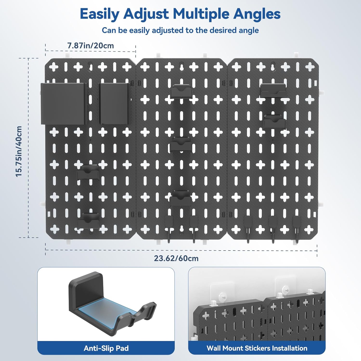Diagram showing pegboard dimensions and installation method with anti-slip pad and wall mount stickers
