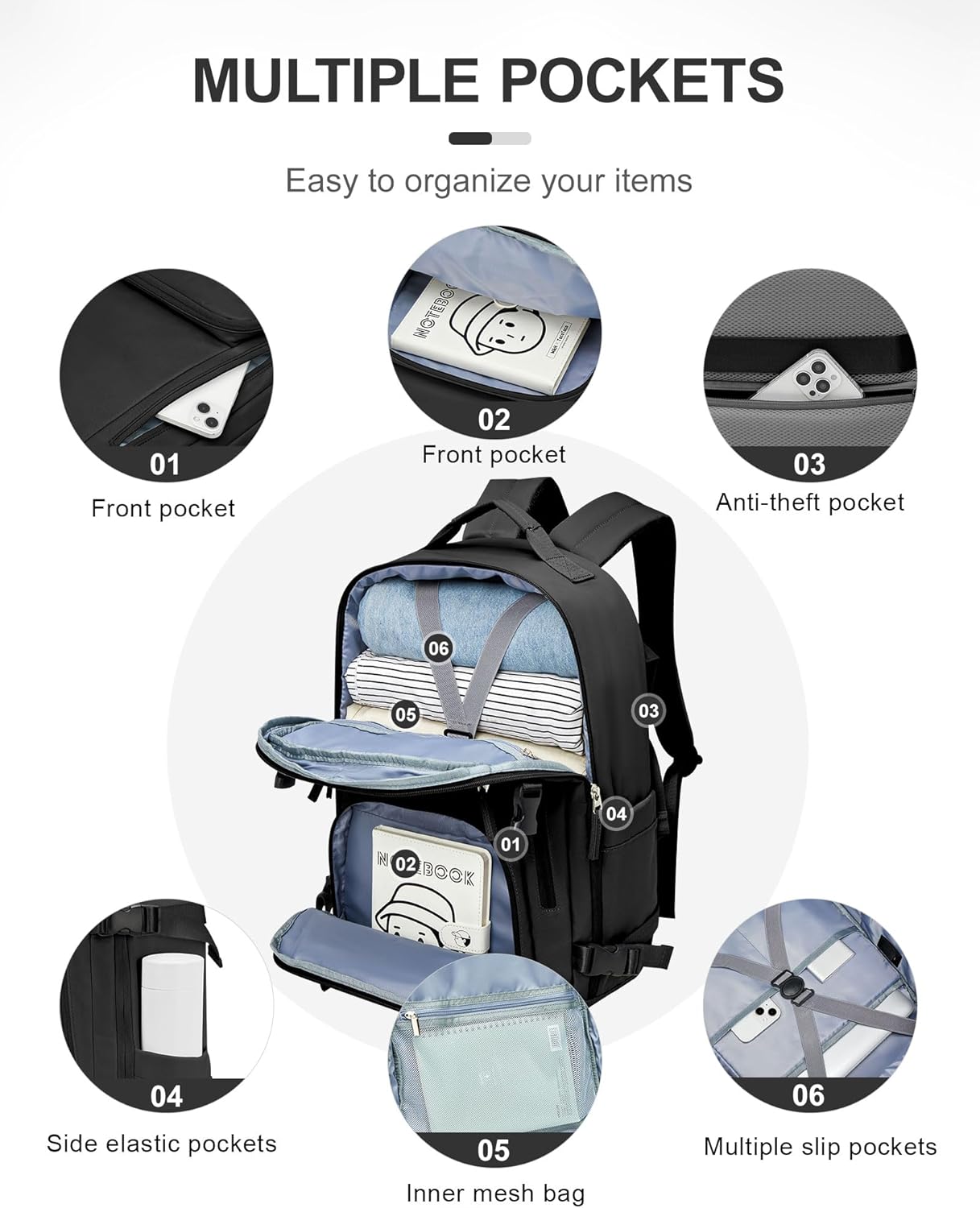 BJLFS Carry On Backpack, Travel Backpack for Women Men Flight Approved, Personal Item Travel Bag for Airplanes, 14-15.6 Inch Laptop Business Backpack, Casual Daypack Gym Hiking Bakpack(simple, Black) - Image 3