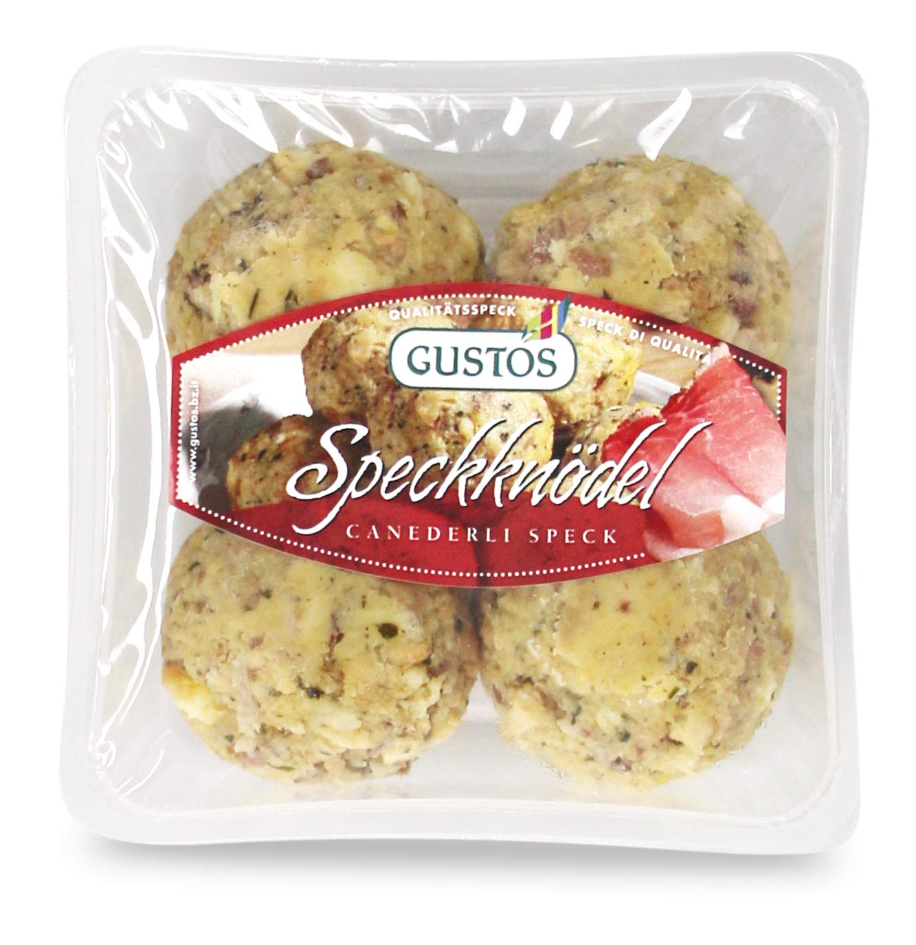GUSTOS - 3 Packungen Speckknödel von Gustos, jeweils 4 Stück. Hergestellt nach Traditionsrezept der Südtiroler Familien, lecker und schnell zubereitet. Mit geräuchertem Speck.