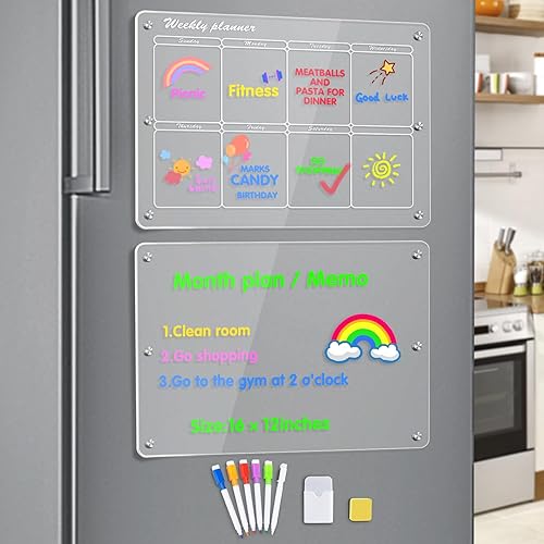 Calendario magnético de borrado en seco para refrigerador, juego de 2 calendarios semanales magnéticos acrílicos transparentes para refrigerador,