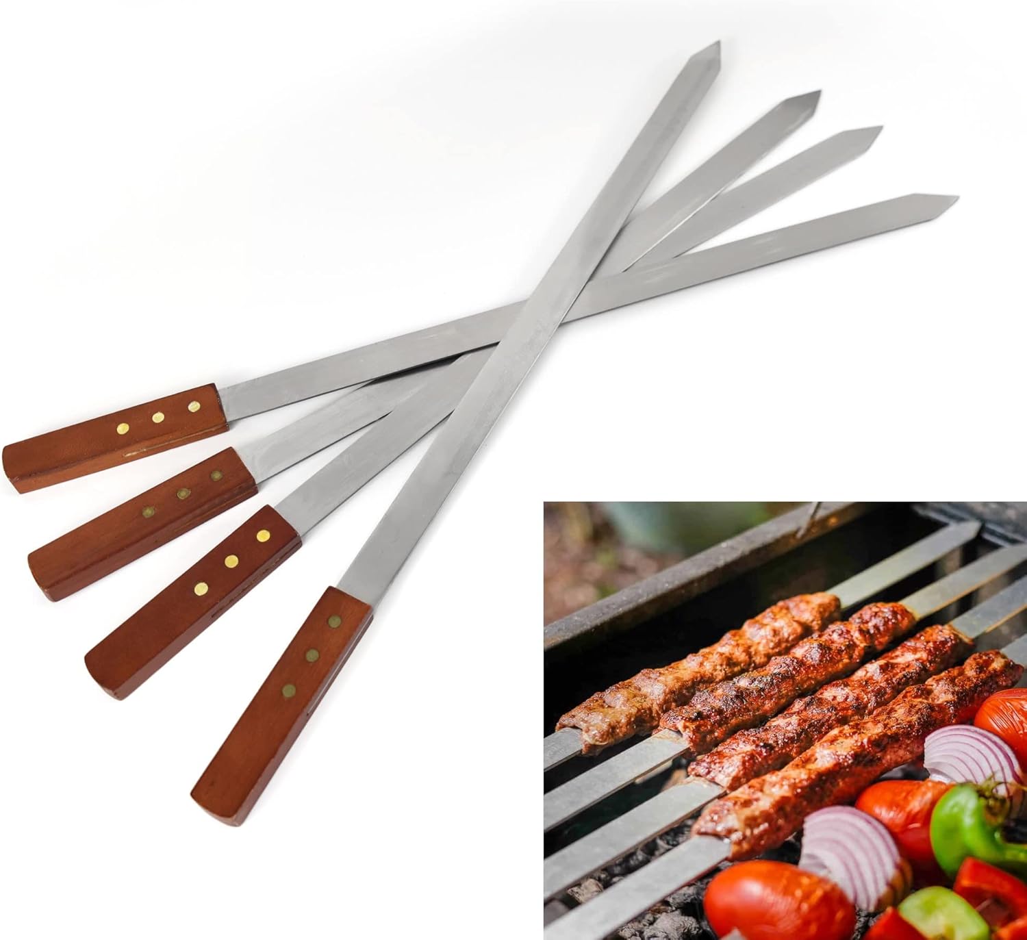 WARESHARK 4 Pcs Flat Kebab Skewers Stainless Steel, Large Turkish