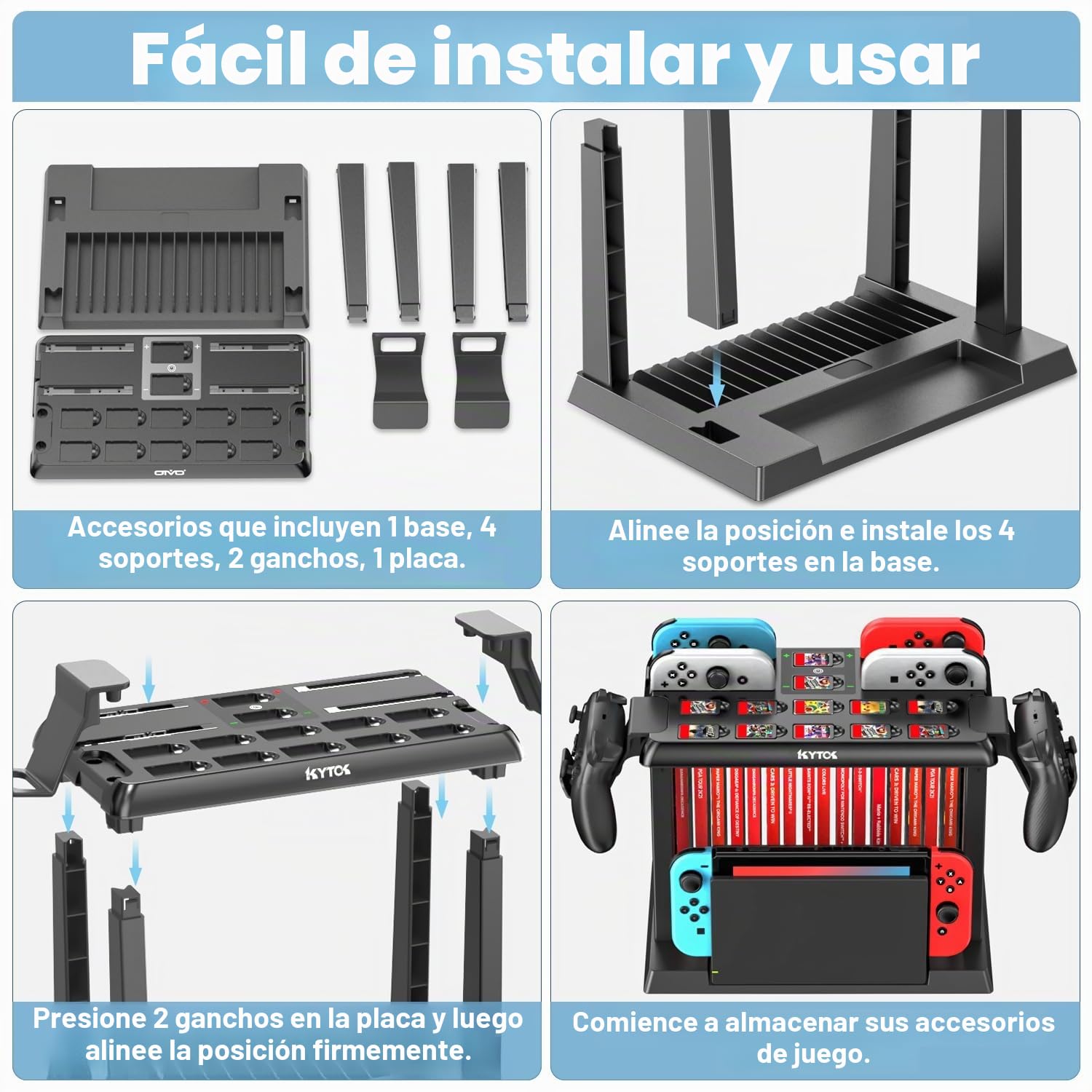 Kytok Soporte Almacenamiento para Nintendo Switch/OLED con Cargador para Joycon, Torre para Accesorios, Soporte Organizador para Juegos, Mando Pro y TV Dock