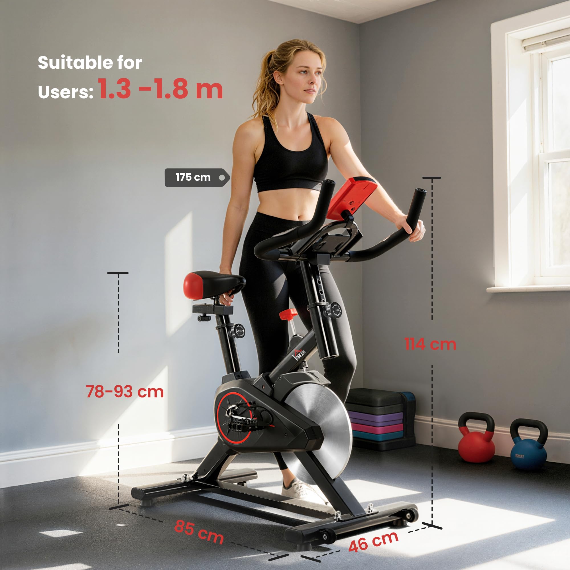 HOMCOM Cyclette da Casa con Resistenza Regolabile, Cyclette Professionale da Camera con Sella e Manubrio Regolabile, Monitor LCD, Sensore Battito Cardiaco Porta Celullare e Volano 6kg, Max.100kg