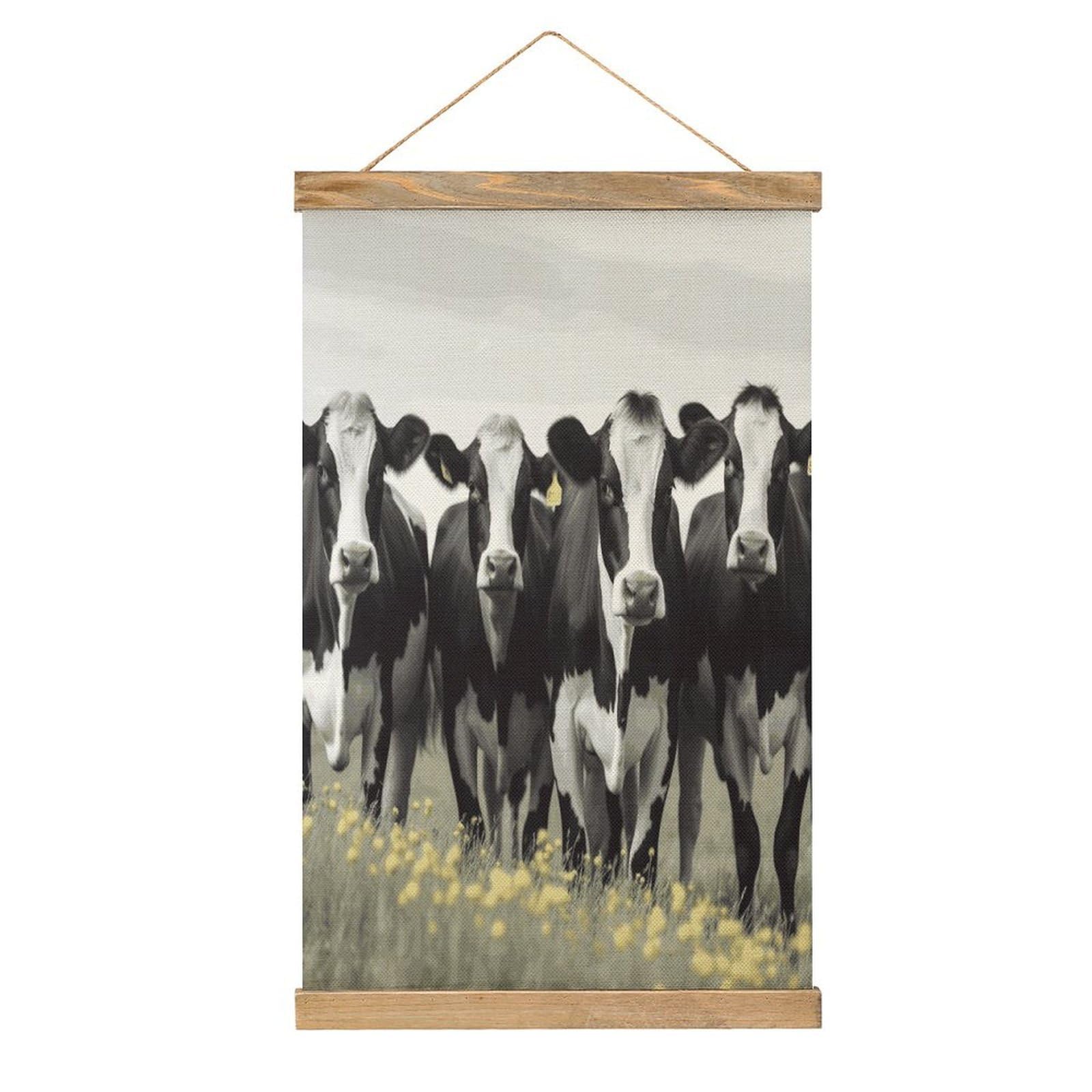 JTREHY Black White Cows Linen Hanging Painting Vintage Poster Wall Art Prints Personality Style Wall Hanging Poster for Living Room Office Bedroom Decor Frame 13.2 X 20.47 Inch
