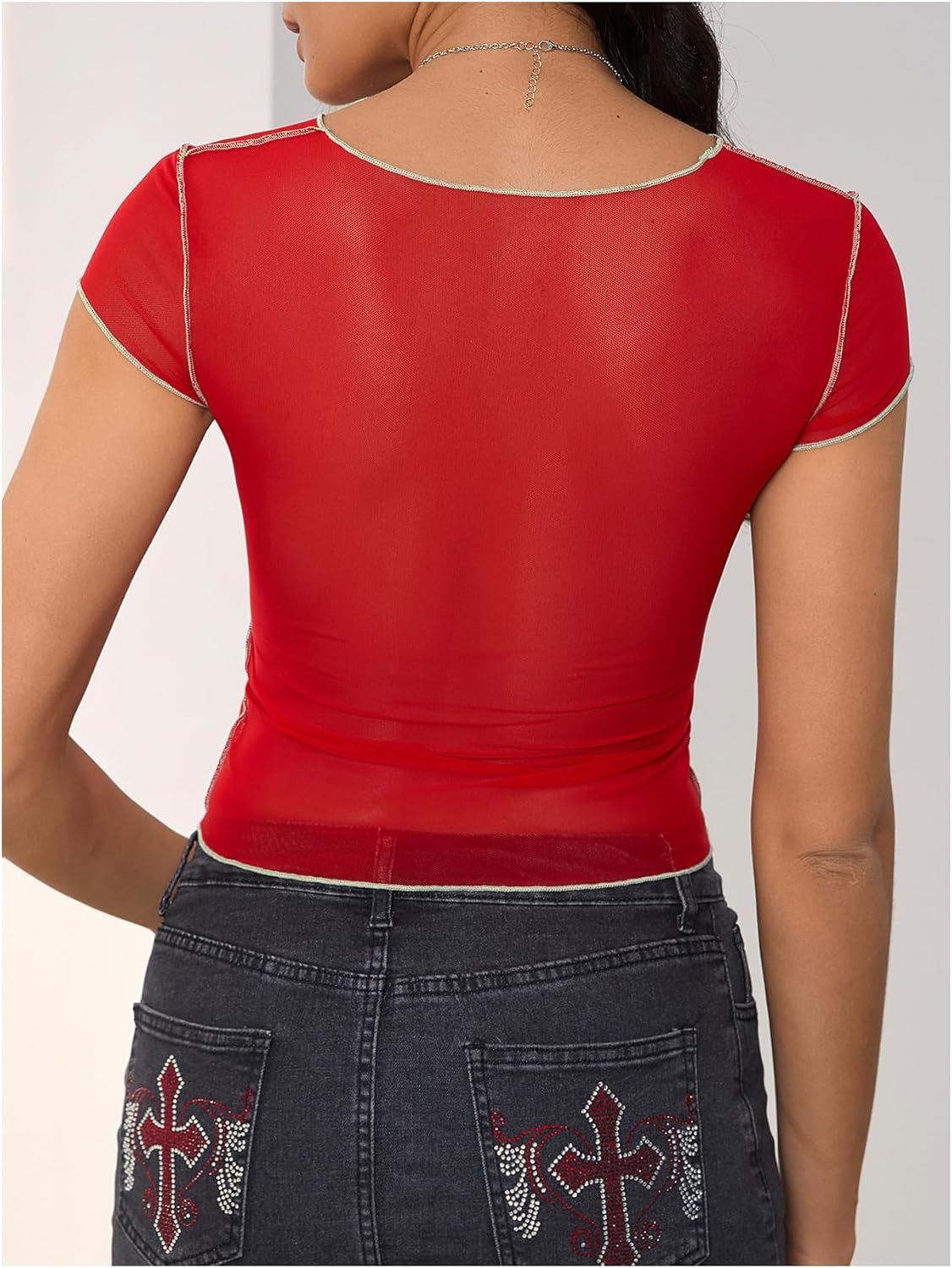 MakeMeChic Women's Y2k Mesh Top Short Sleeve Graphic Baby Tee Crop T Shirt Tops - Image 2