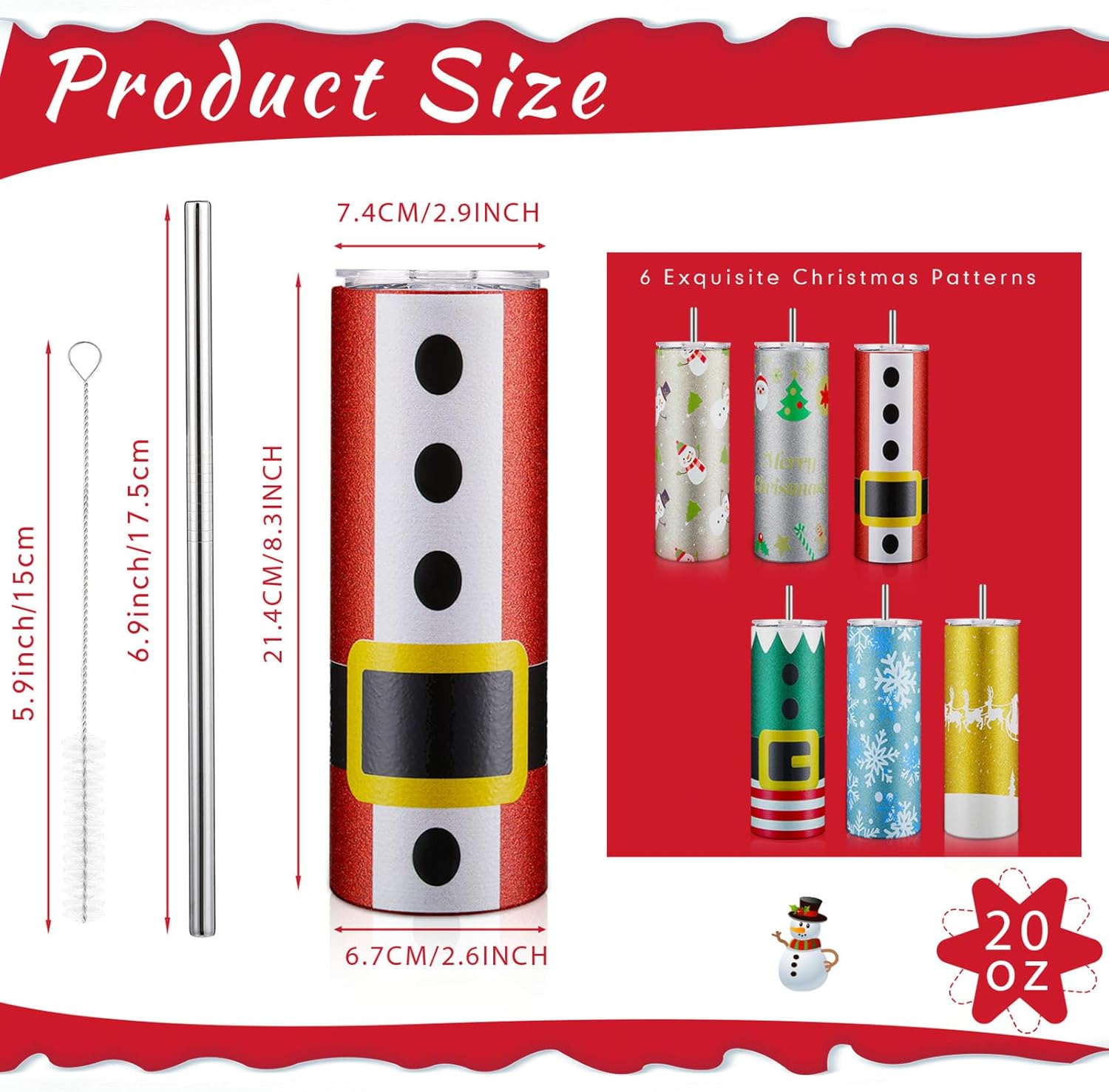 Sliner 6 Pcs Christmas Tumblers Set 20 oz Glitter Christmas Stainless Steel Travel Coffee Mugs with Lids Straws and Brushes Xmas Party Gifts Favors for Women Men Coworker - Image 2