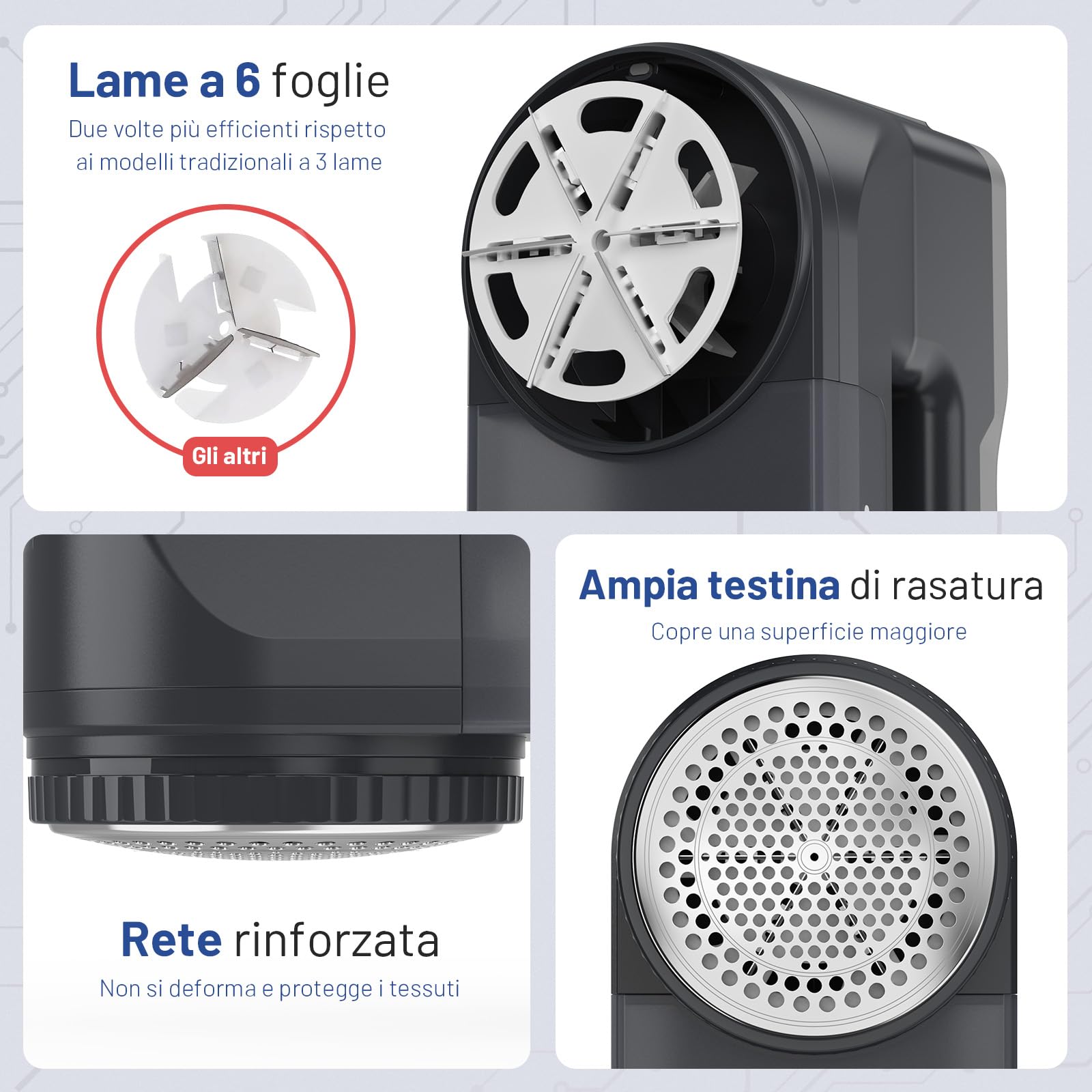 BEAUTURAL Leva Pelucchi Elettronico Ricaricabile USB-C con 3 Velocità, Display LED, Luce Frontale e 6 Lame – Ideale per Vestiti, Mobili e Tutti i Tipi di Tessuto, Colore Grigio