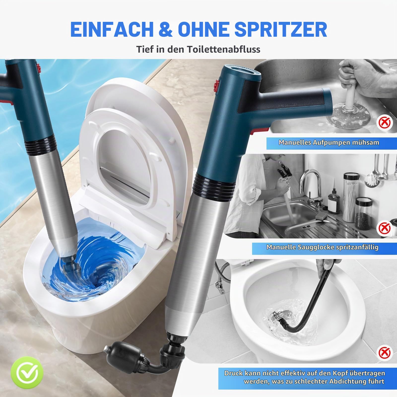 Elektrischer Abflussreiniger Pömpel WC-Saugglocke, mit 360° drehbarem Kopf, Strapazierfähig Vielseitiger Toilette Pömpel mit 3 austauschbaren Köpfen für Toiletten/Badewannen/Waschbecken/Kanalisatio