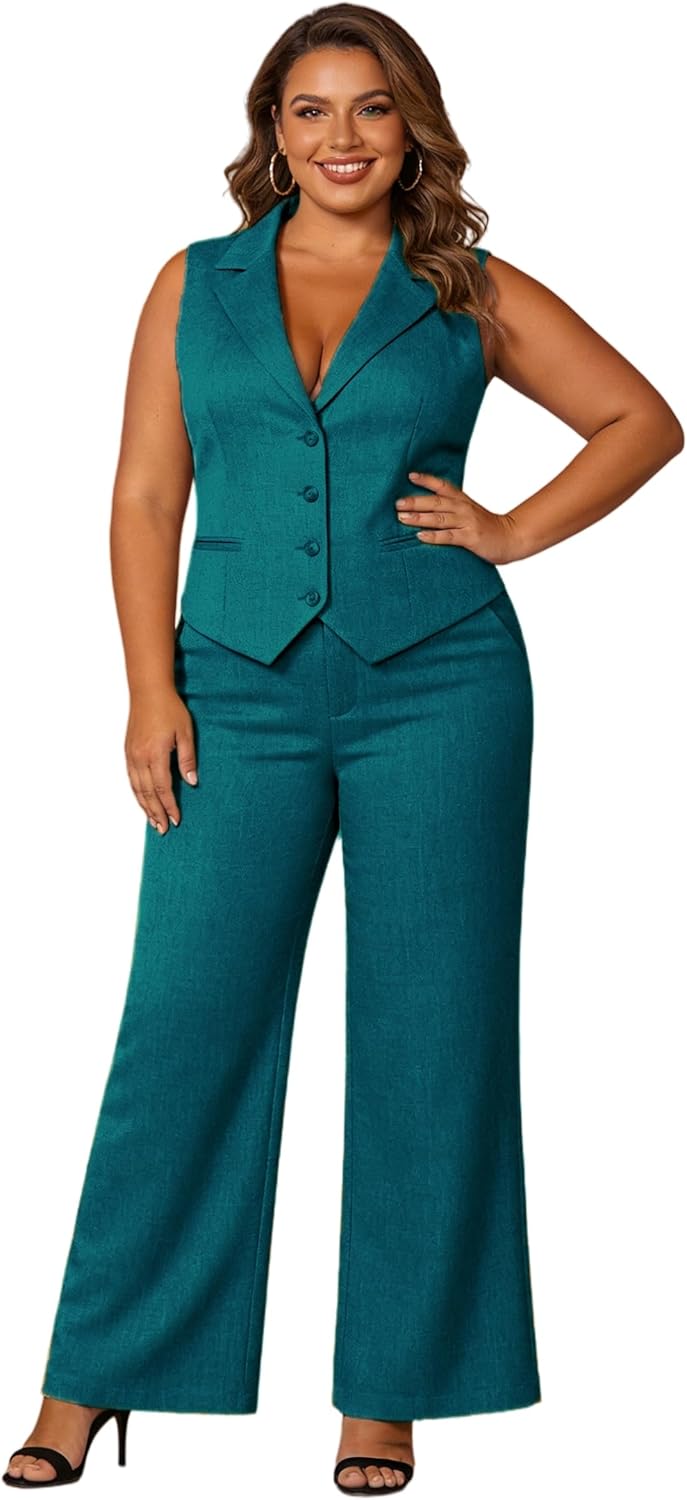 Summer Plus Size Womens Suits Blazer Vest Wide Leg Pants 2 Piece Outfits Casual Dressy Office Wedding
