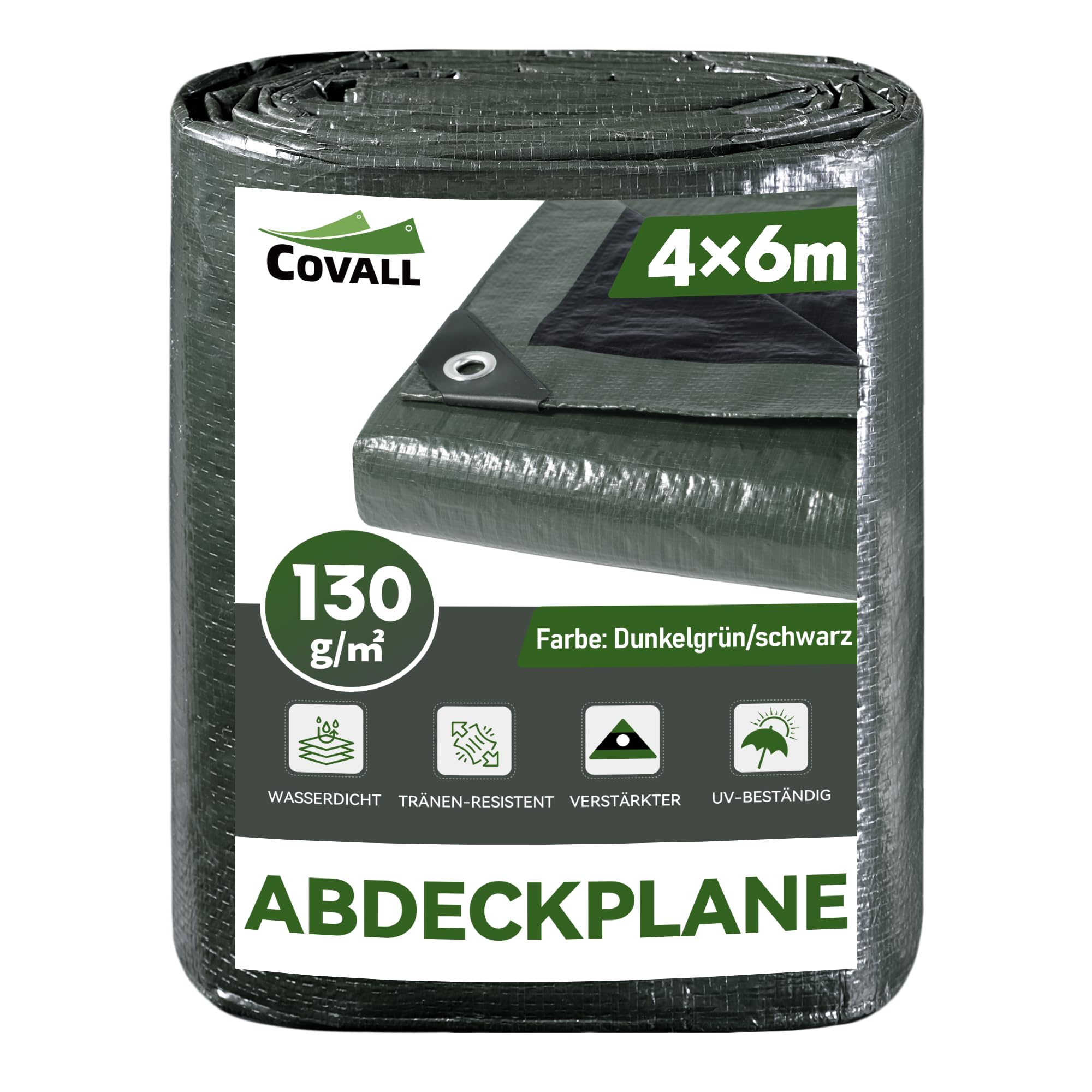 COVALL Abdeckplane 4x6m Grün Plane 130g/㎡ Wasserdicht UV-Schutz LKW Deck mit Loch Auge,Waterproof Tarpaulin,Windschutz & Kratzschutz Panel Garten,Motorrad,Hausarbeiter,Möbel und Outdoor-Geräte