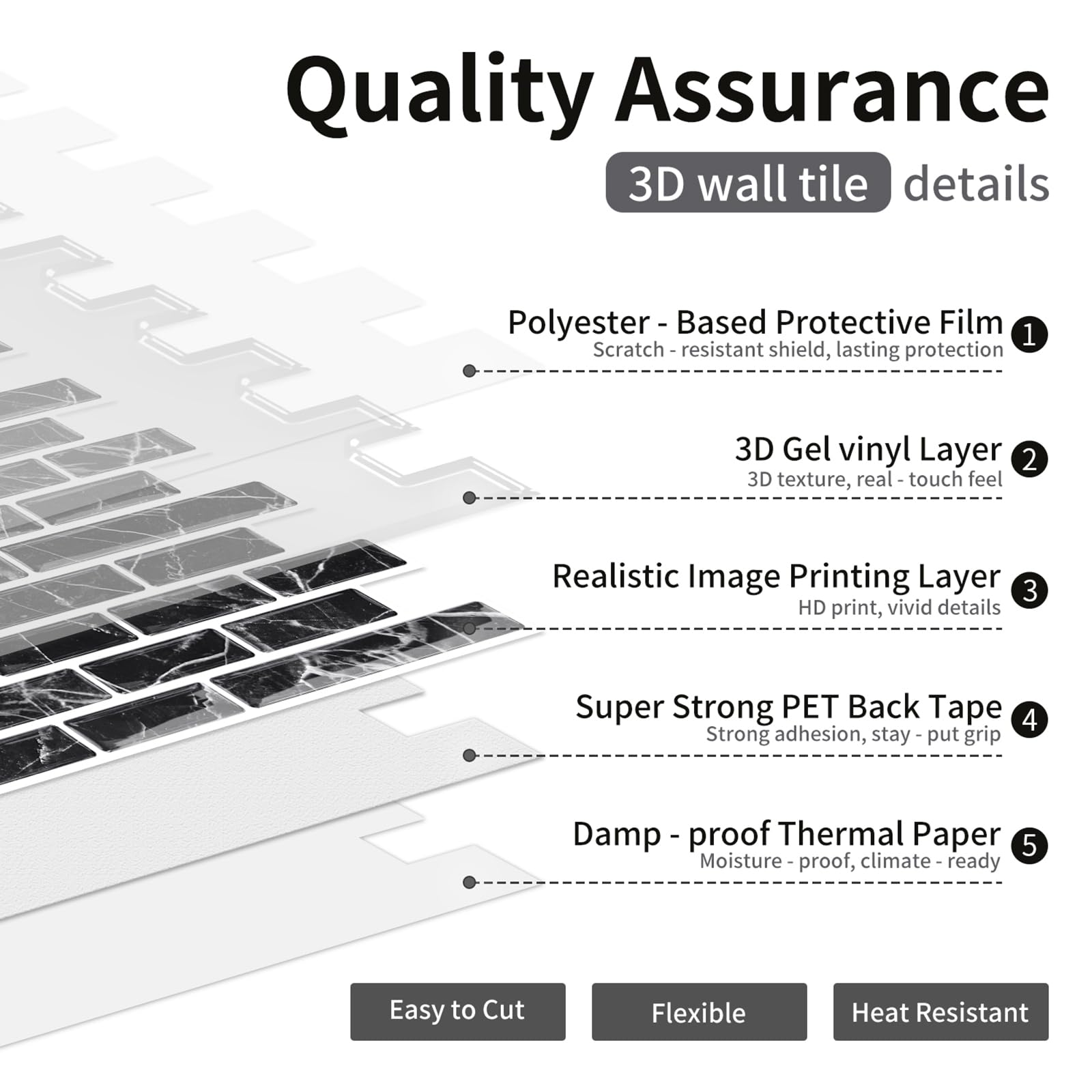 Piastrelle in ceramica 3D, 10 pezzi, 30,5 x 30,5 cm, autoadesive, pannelli da parete 3D, per cucina, bagno, parete (nero)