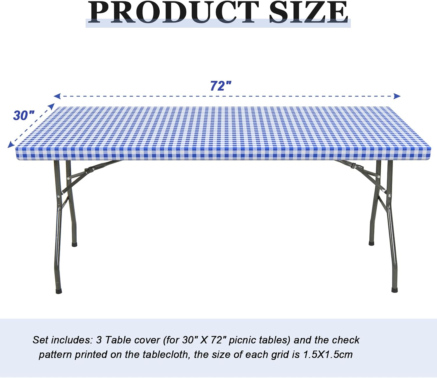 3 Pcs Plastic Picnic Table Cover Checkered Tablecloth fitted Rectangular Table Cloth 30 x 72 Inch Vinyl Waterproof Flannel Backed with Elastic Rim for Indoor Outdoor Picnic Party(Blue and White)