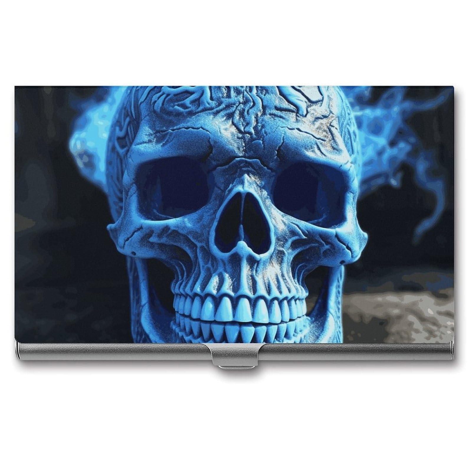 DWVTSLH 3D Print Blue Skull Business Card Holder, Slim Portable Metal Business Card Case Pocket Wallet Professional Name Cards Holder for 22-30 Cards, Credit Card ID Case/Holder for Men Women