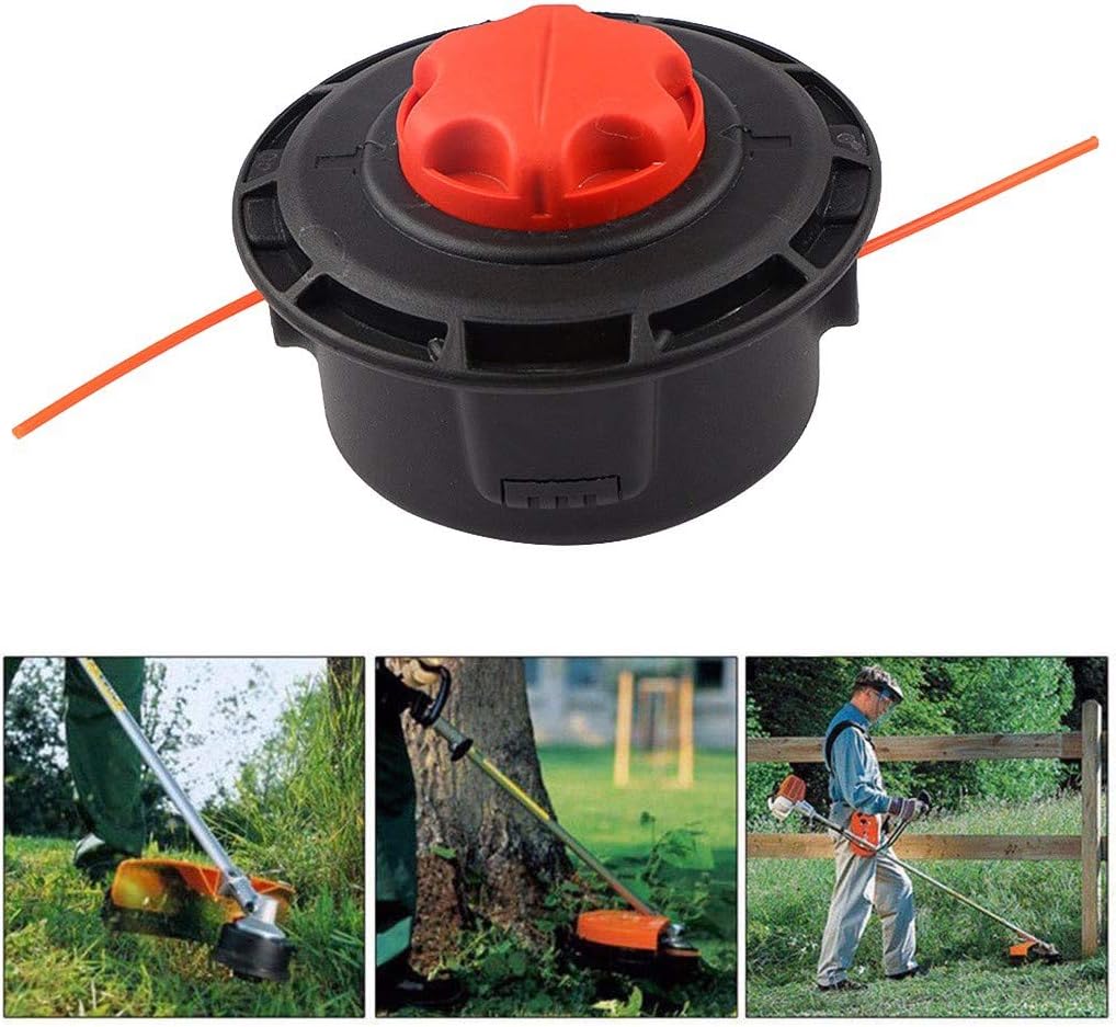 Yamart String Trimmer Auto Head with orange line, shown in use with a string trimmer cutting grass, trimming around a tree, and edging a fence line.