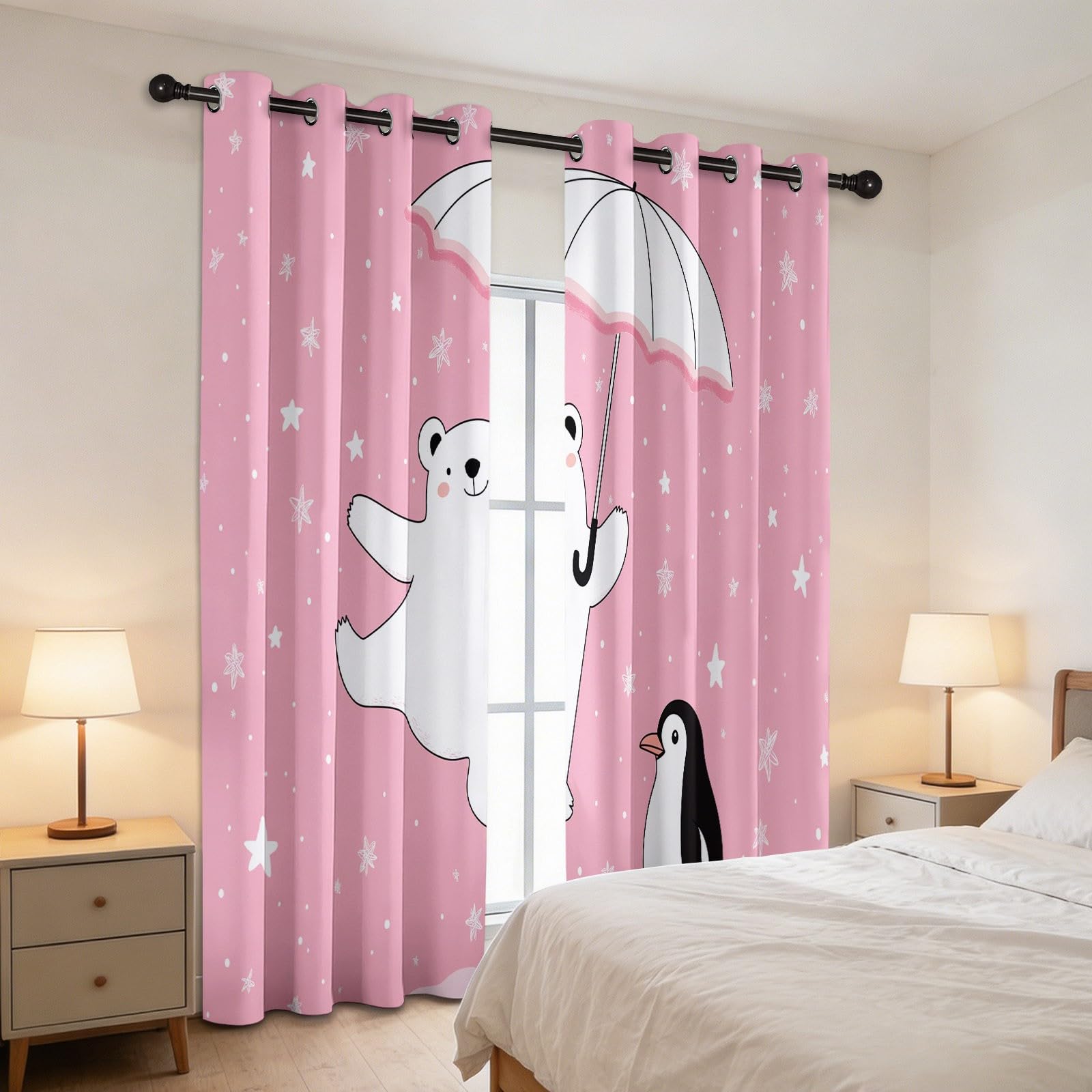 Cartoon Bear And Penguin Animals Blackout Curtains Eyelets Anti Light Curtain Blackout Curtain Thermal Insulation Curtains, For Living Room Bedroom, 2 Pieces, 140 x 175 cm, Pink