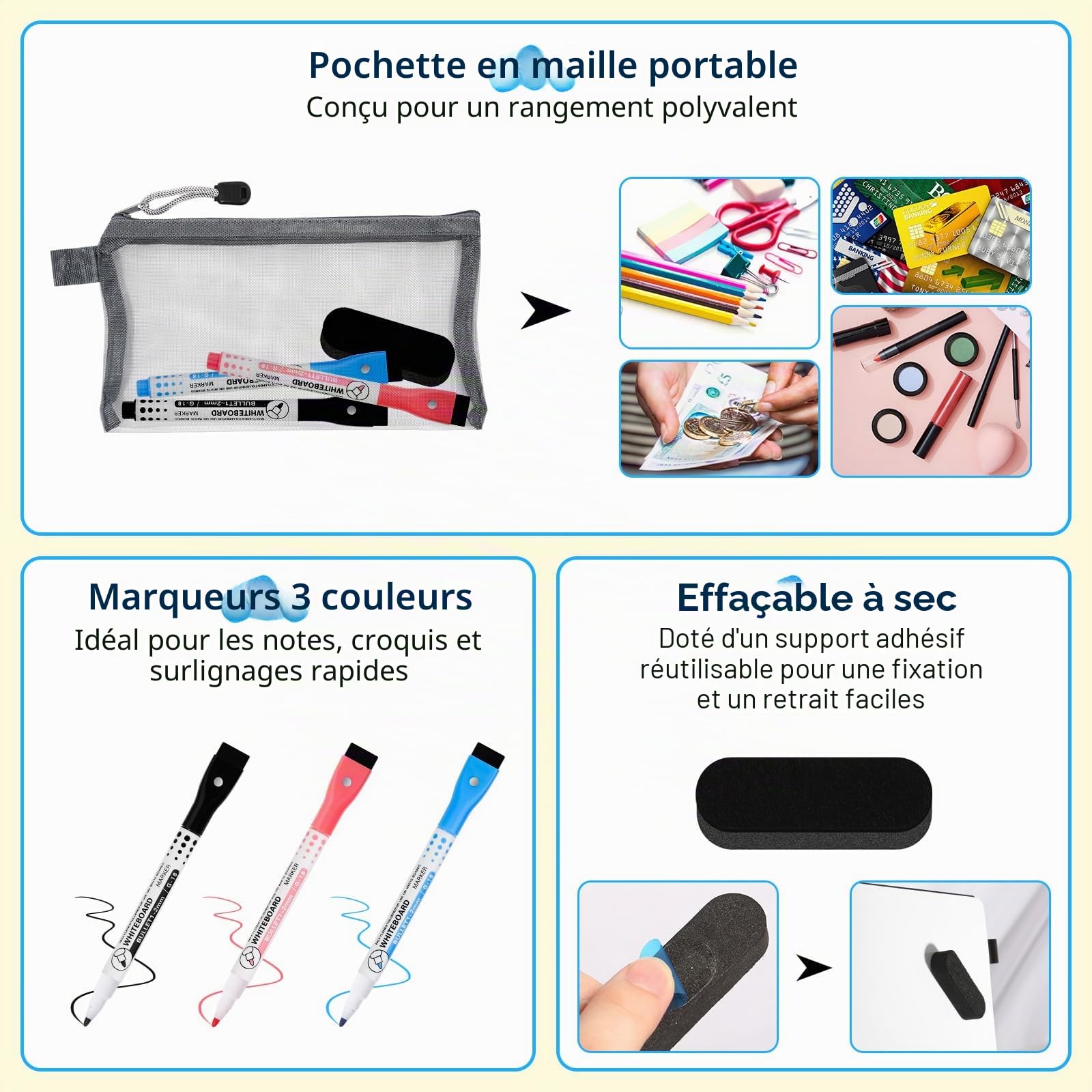AGM Mini tableau blanc effaçable à sec A4, 30 x 21,5 cm, tableau blanc double face avec 3 stylos de couleur, 1 gomme, 1 sac en maille, tableau d'écriture portable pour étudier, réunions, prise de