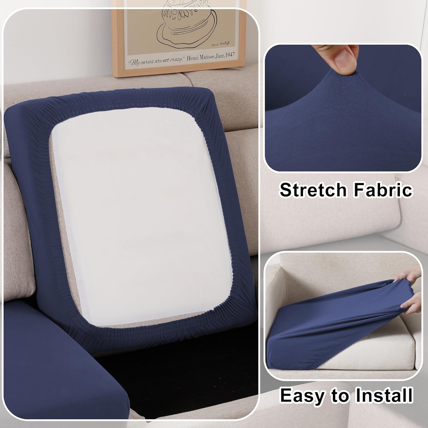 Waterproof Couch Cushion Covers, Stretch Individual Sofa Seat Cover for Sectional L Shaped Sofa, Reversible Couch Furniture Protector for Pets (3-Piece Sofa Cushion Cover, Navy)