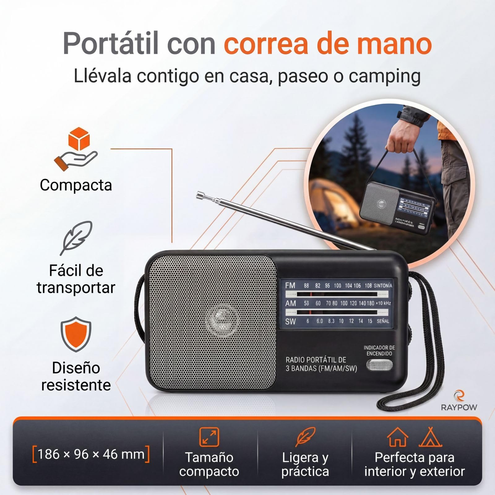 Radio portatile FM AM SW8~SW18 3 bande transistor, altoparlante potente, funziona con 2 batterie AA