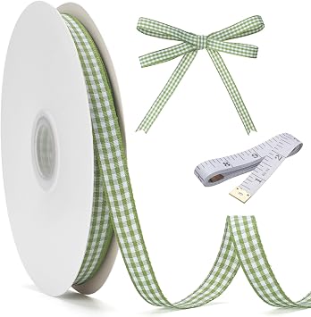 Moss Green and White Gingham Ribbon, 3/8" x 50 Yd Roll Picnic Craft Green Buffalo Ribbon 100% Polyester for Sewing, DIY Craft, Gift Wrapping, Festive Party Decorations