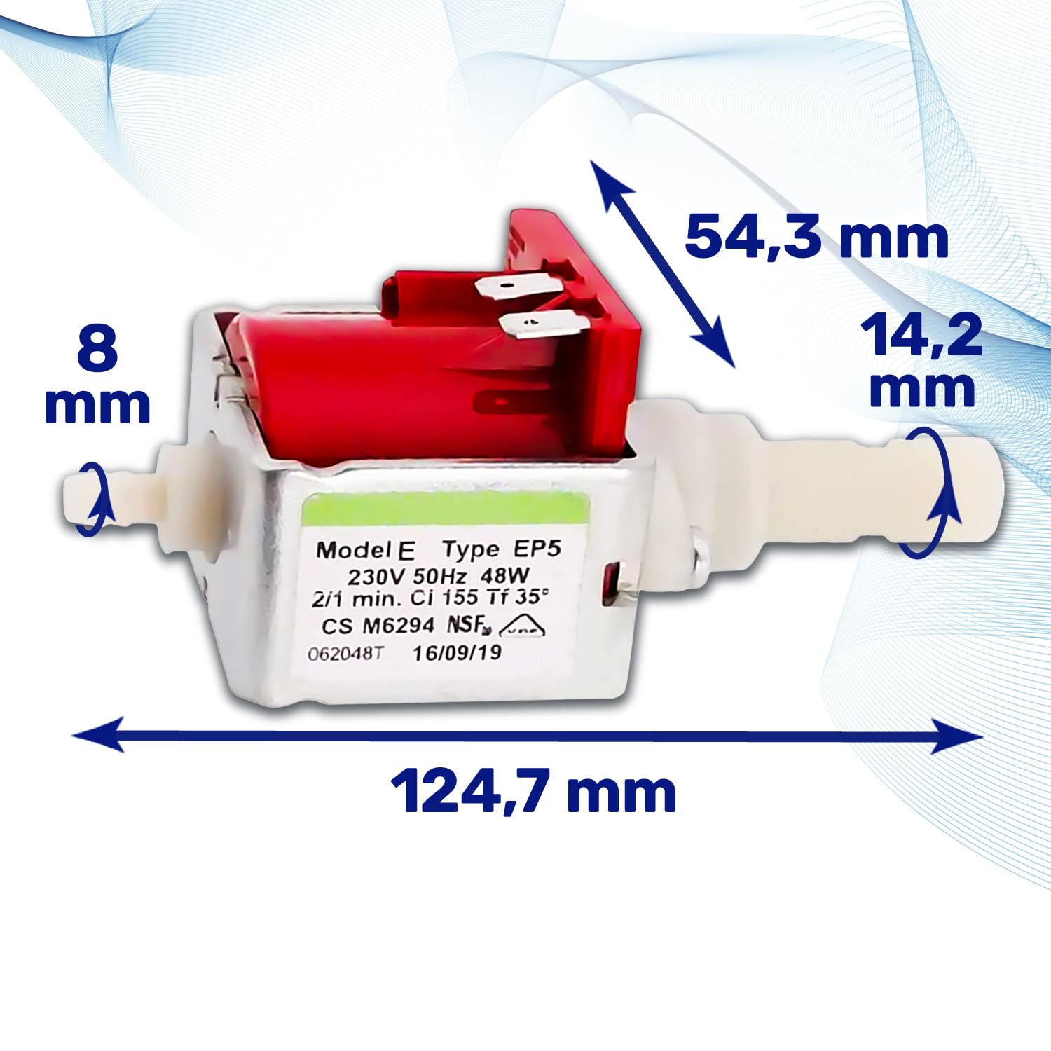 Pompa EP5 Acqua per Macchina da Caffe - 230/240V 50Hz 48W 15bar 2/1 on-off - Portata 650cc/min - 5132106900 per DeLonghi 481236018581 per Whirlpool - Garanzia di 10 Anni - MONTERAL