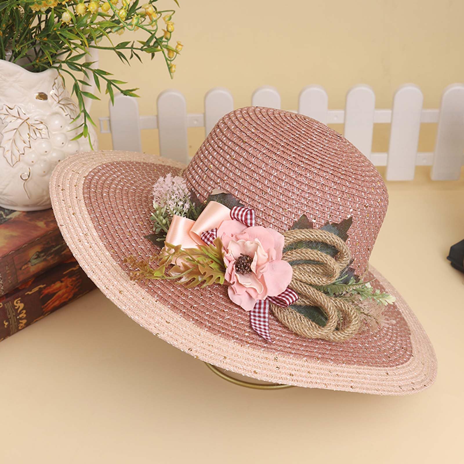 Cappello da Sole Cappelli da Sole, Cappello da Sole da Donna in Paglia, Pieghevole, Lavorato all'Uncinetto, 50+ Cappelli Fatti a Mano con Fiocco Multicolore(Skin Pink)