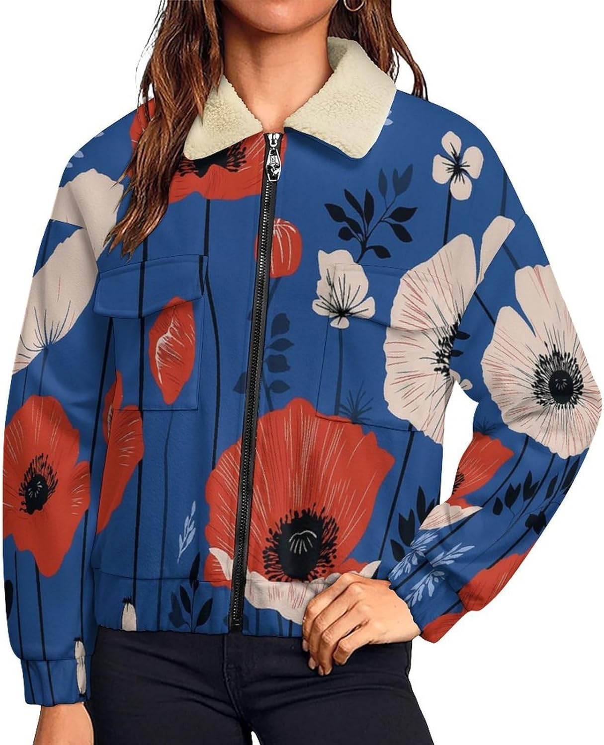 Polar Fleece Jackets for Women, Full Zip Sherpa Crop Coat, poppy seeds Printed Soft Warm Lapel Sweatshirts