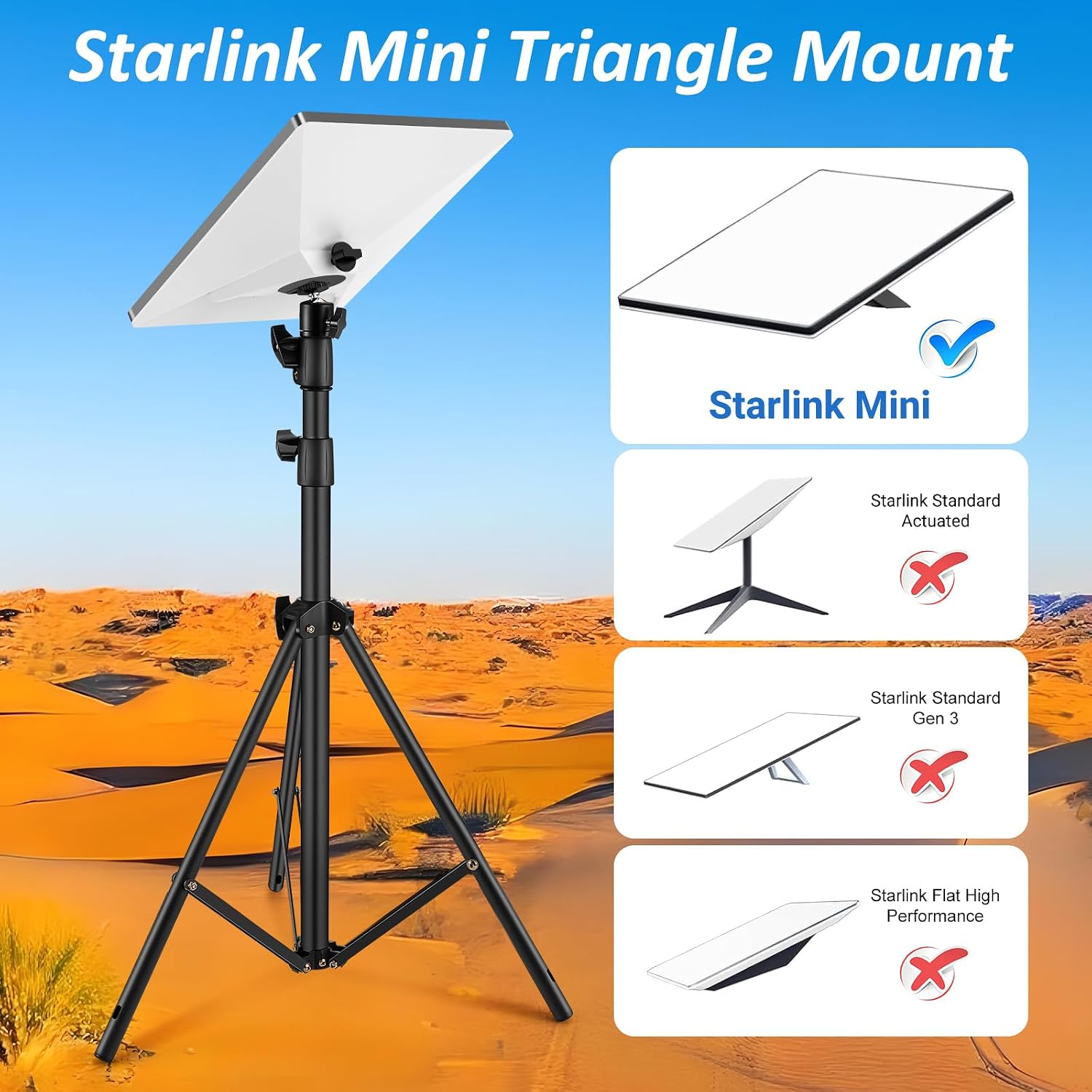 Starlink Mini Tripod & Pipe Adapter Mount with 360° Gimbal， All-Terrain Dish Stand Kit for Starlink Mini (RV,Camping, Hiking, Job Sites)