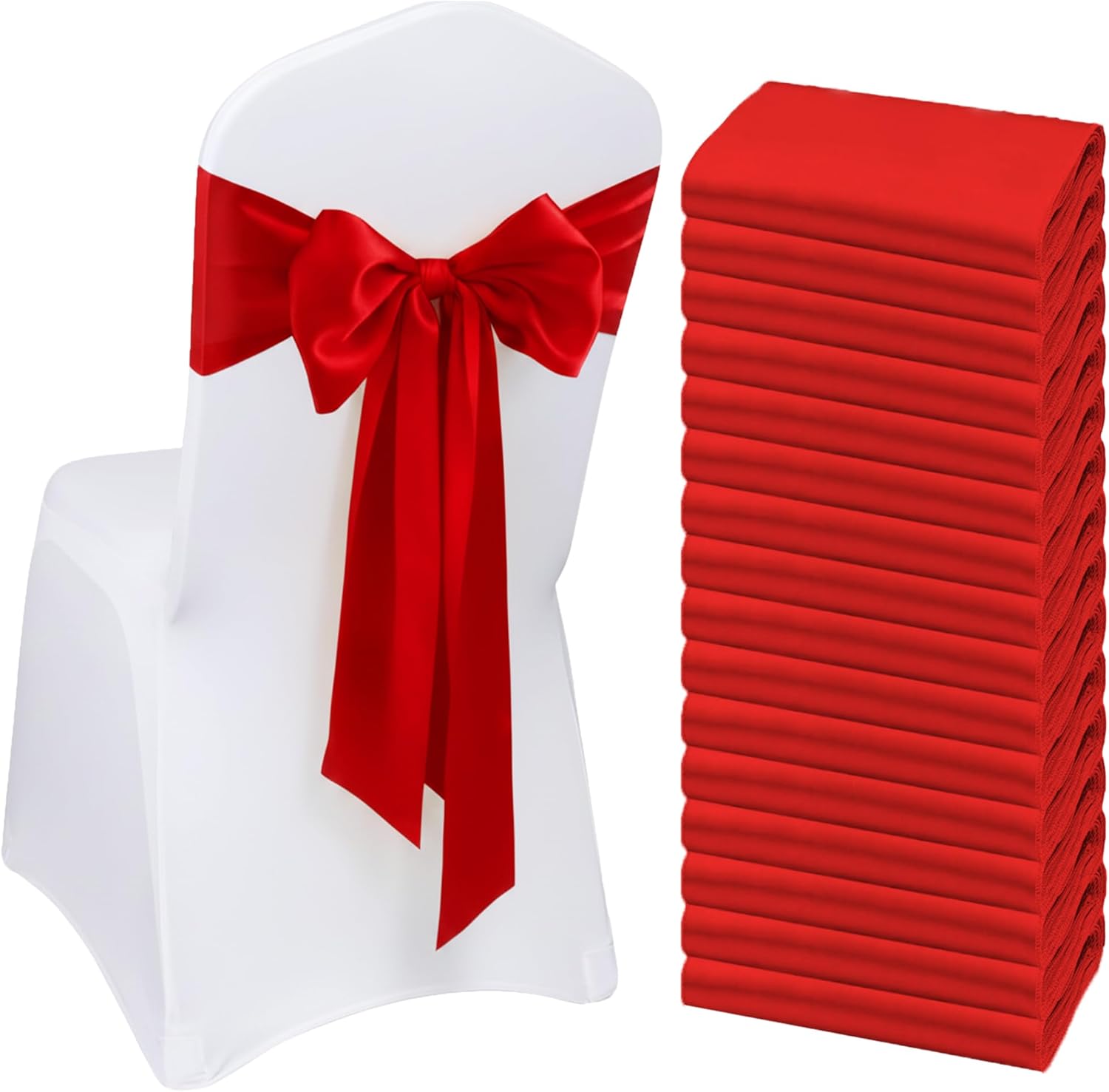 100 PCS Red Satin Chair Sashes Bows Universal Chair Ribbon Ties Back Sash for Wedding Party Banquets Event Chair Cover Decoration(NEW Red, 7x108 inch)