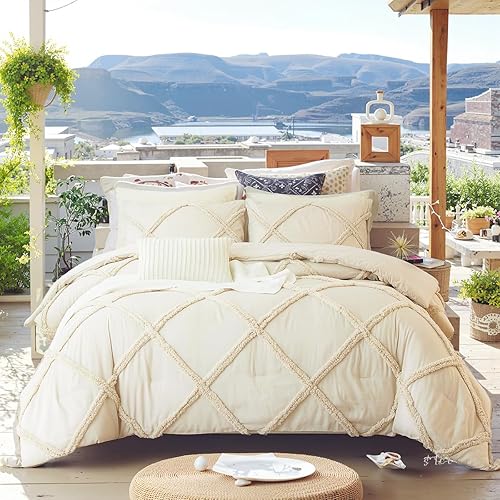 Miniatura 7 de Bedbay Juego de edredón bohemio tamaño King, color gris pardo, suave, ligero, de lujo, de 3 piezas, juego de edredón de cama King con borlas y