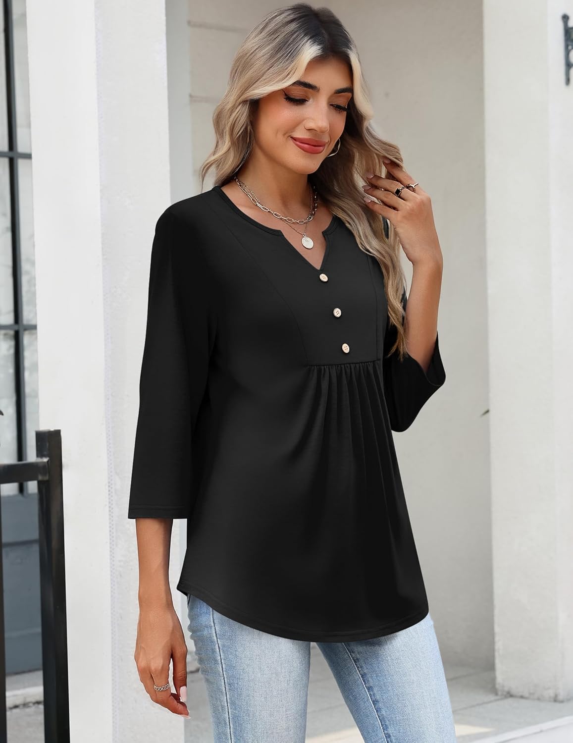 Zeagoo Womens 3/4 Length Sleeve Tops V Neck Dressy Casual T Shirts Pleated Business Work Blouses Basic Tees S-3XL - Image 4