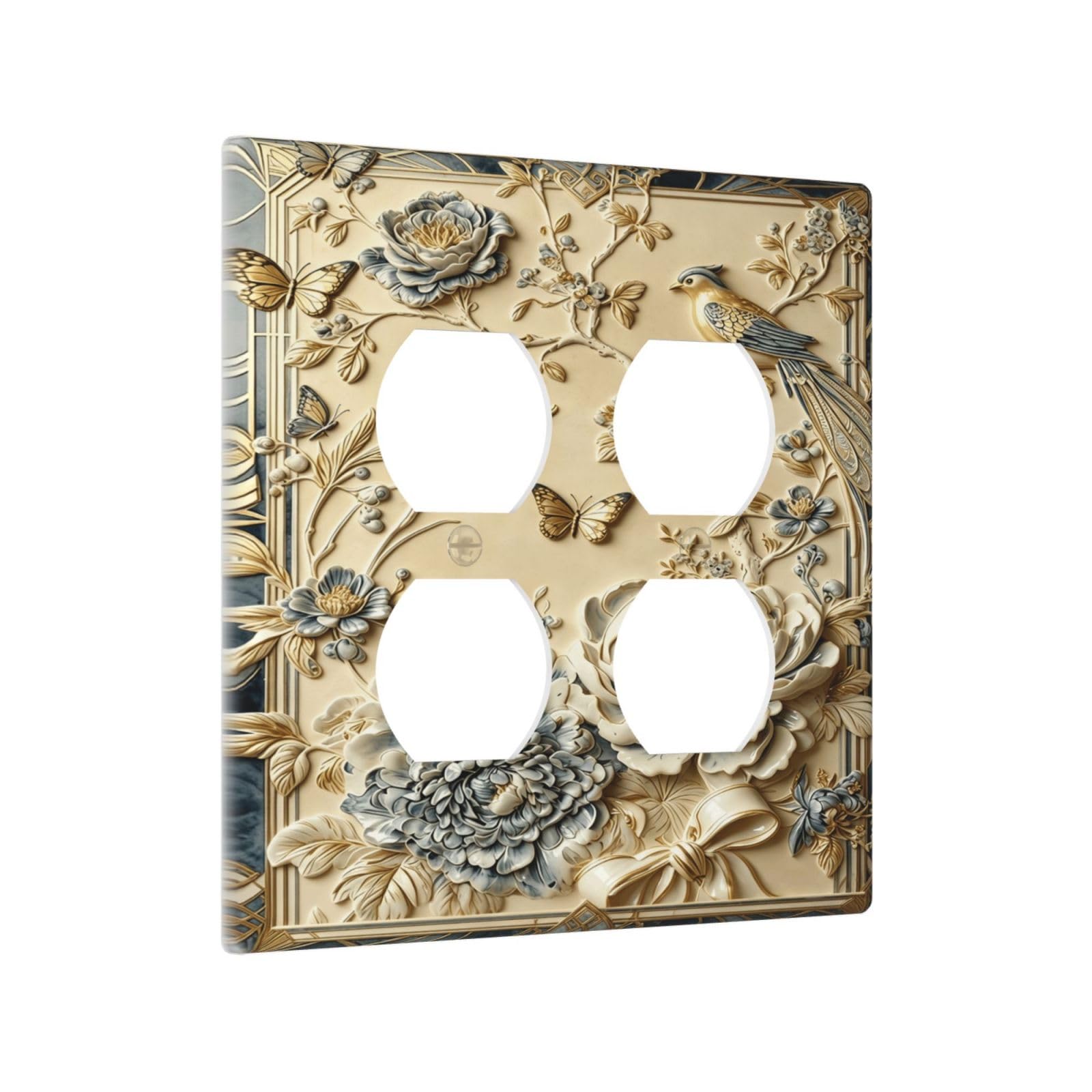 Yamxbfa Vintage Blue Peony & Gold Bird Outlet Covers 2-Gang Duplex Light Switch Cover Plate Decorative Gfci Wall Plate Receptacle Switch Plate Covers Faceplate for Bathroom Home Decor
