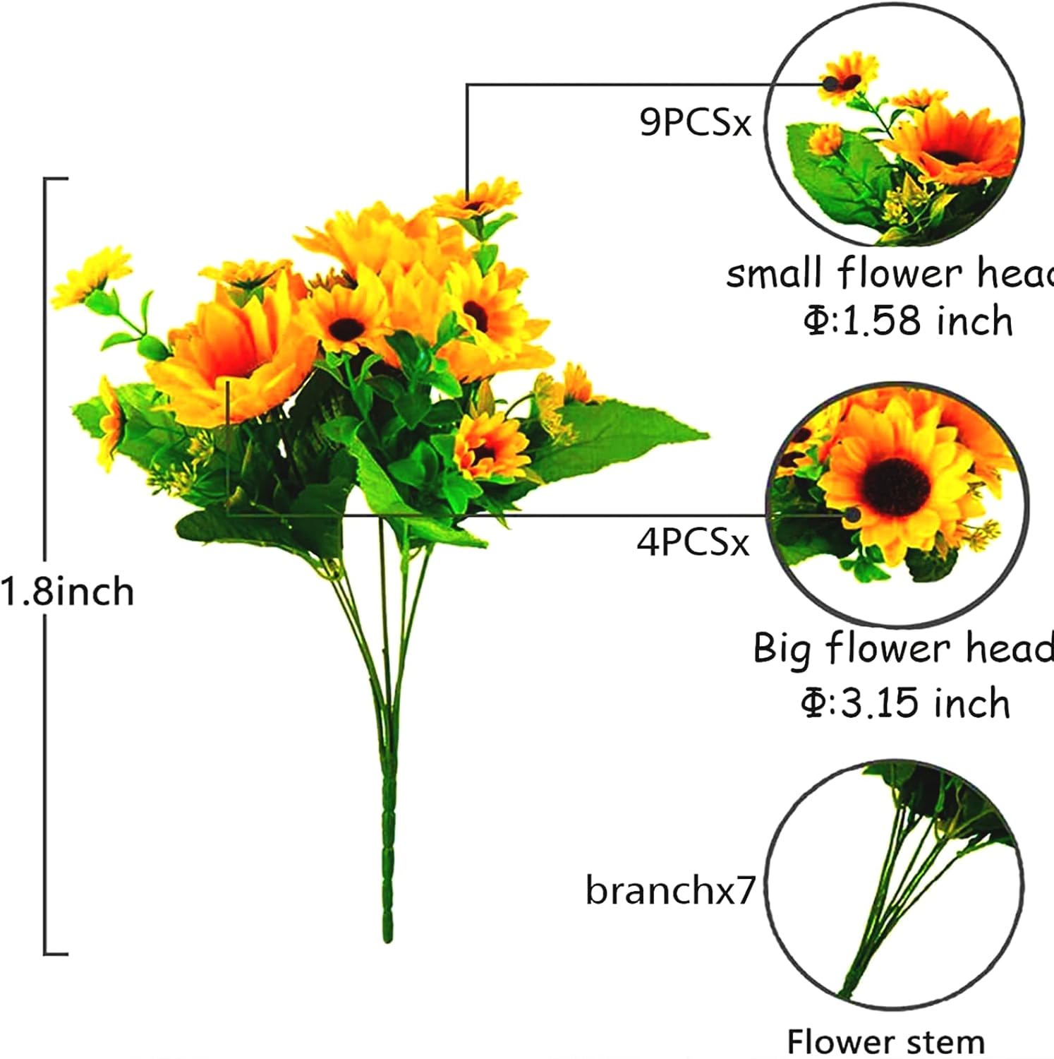 Sunflower Artificial Flowers Fake Sunflowers Bouquet with Stem 13 Pcs Sunflowers Heads(4 Big + 9 Small) and 27 Silk Leaves for Office Home Party Outdoor Indoor Fall Flowers Decoration (Yellow)