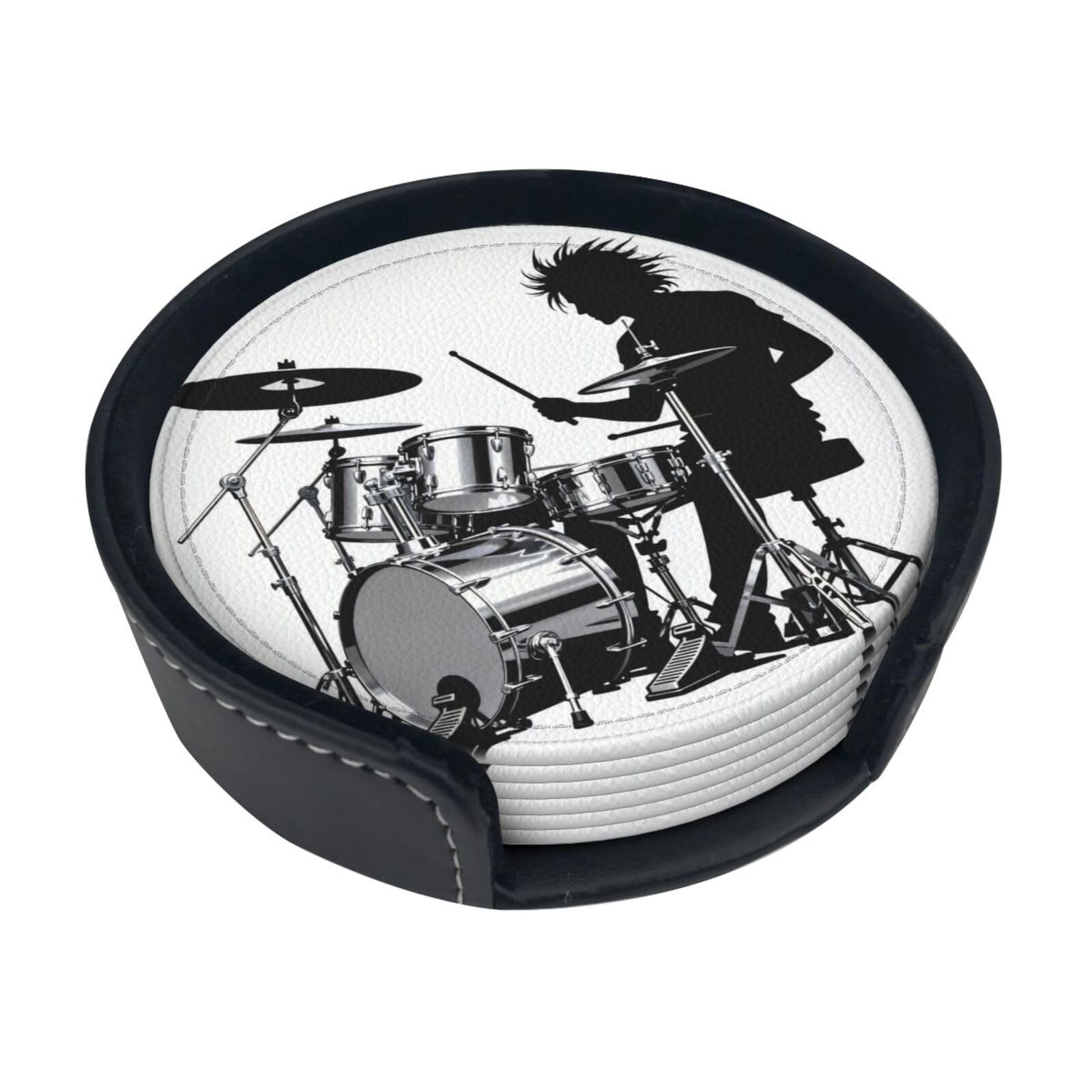 Cntdbu White Drum Set Silhouette Leather Coasters Set Of 6-Pu Leather Drink Mats For Table, Heat Resistant Round Coasters With Holder